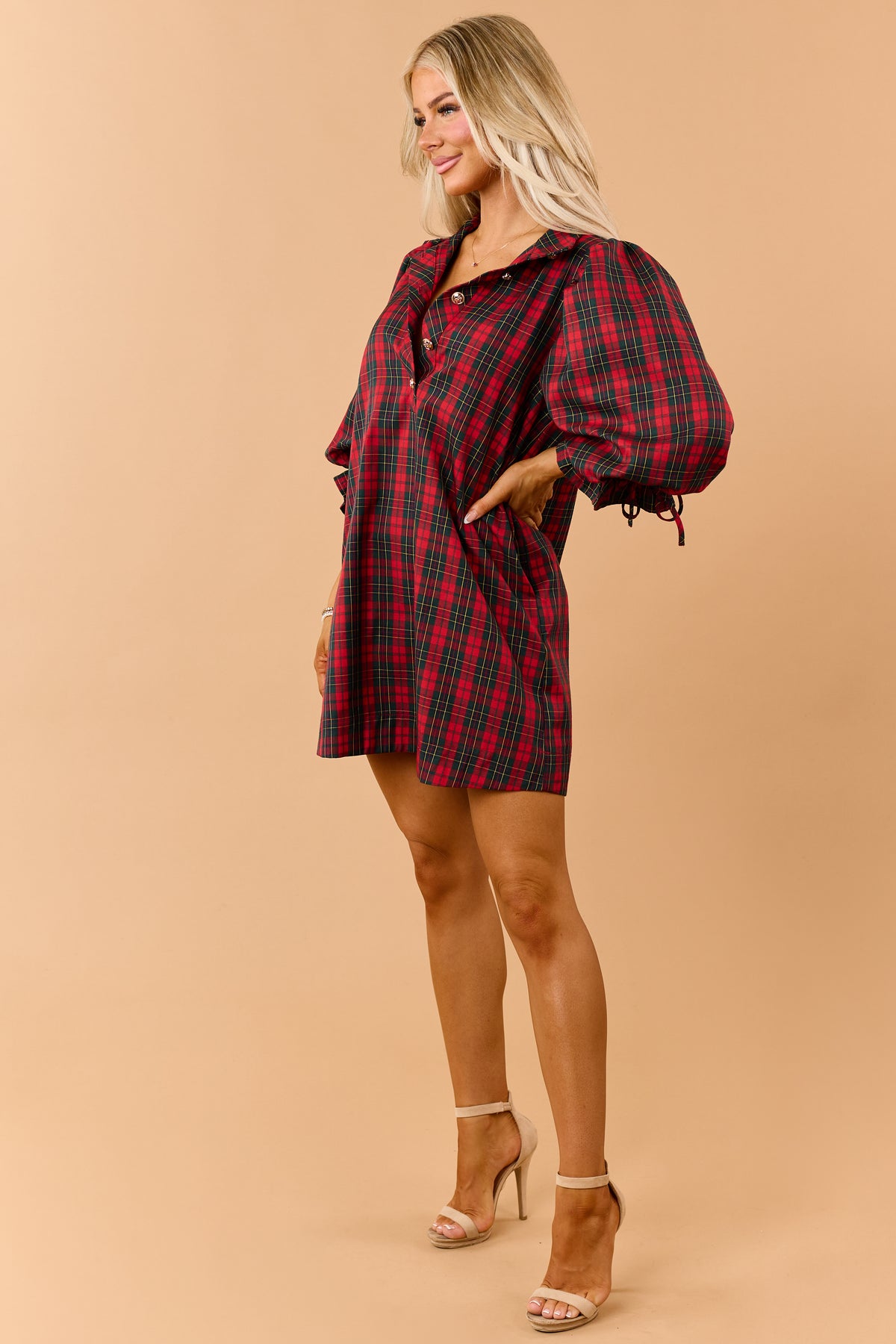 Entro Red Plaid Half Button Down Mini Dress