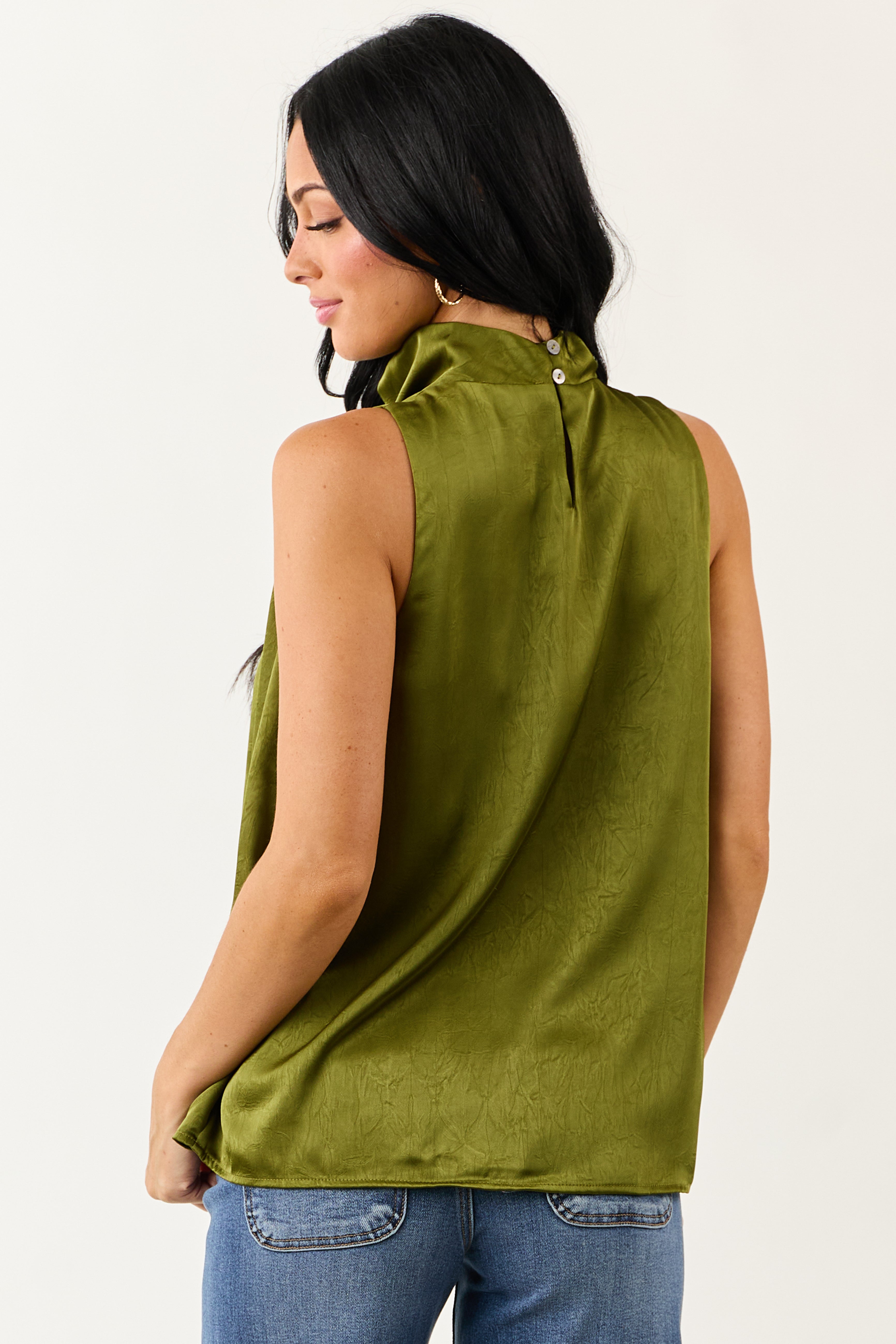 Entro Rich Olive Halter Neck Satin Tank Top