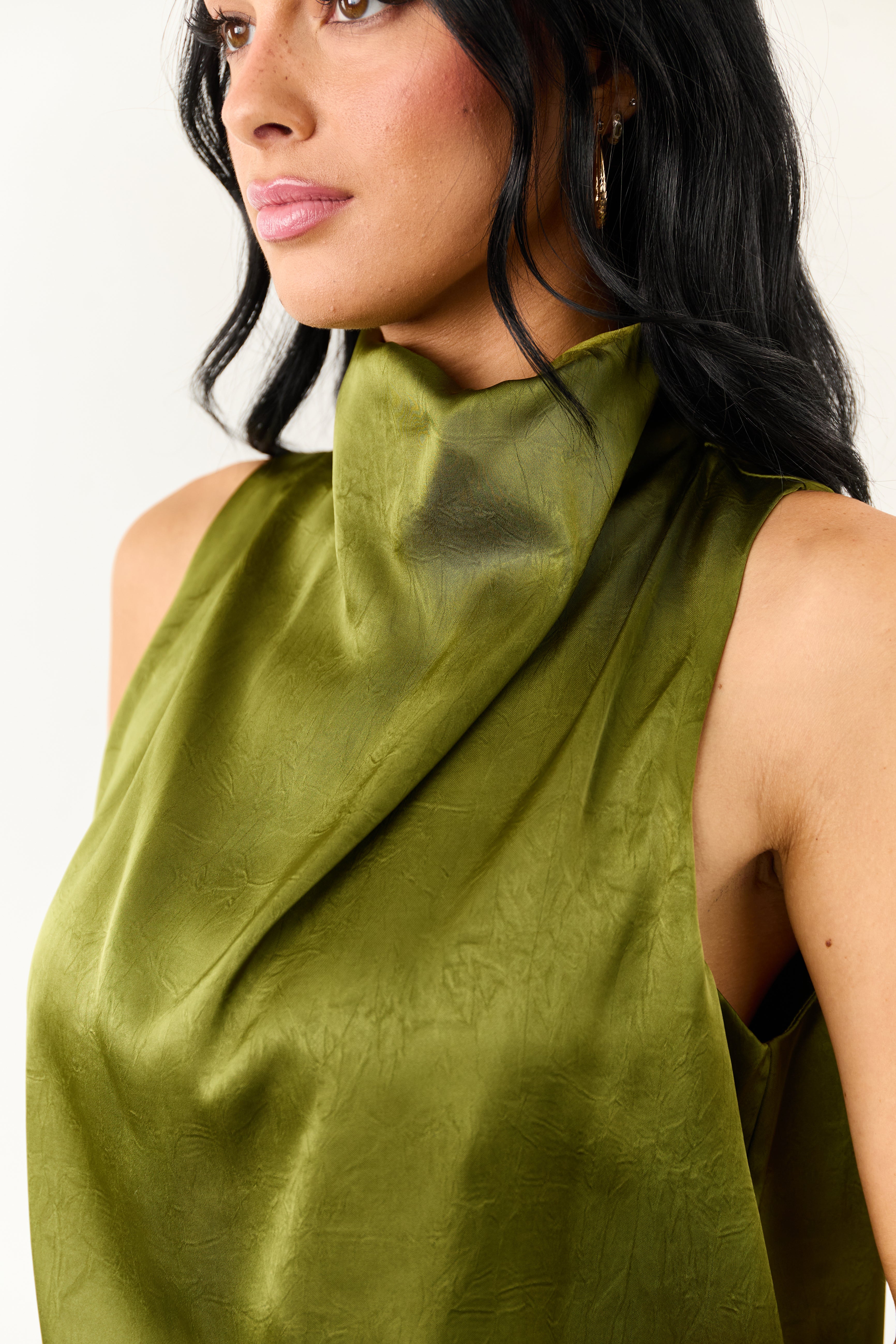 Entro Rich Olive Halter Neck Satin Tank Top
