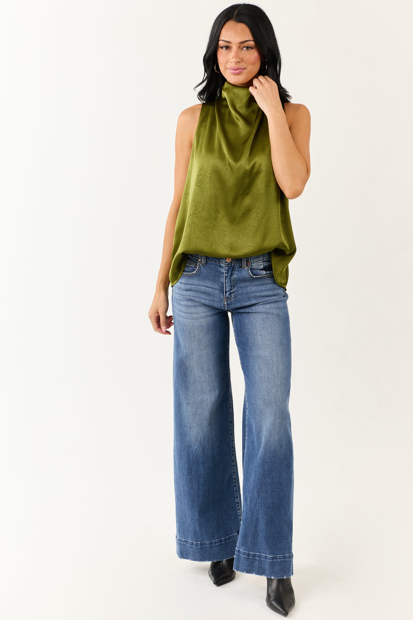 Entro Rich Olive Halter Neck Satin Tank Top