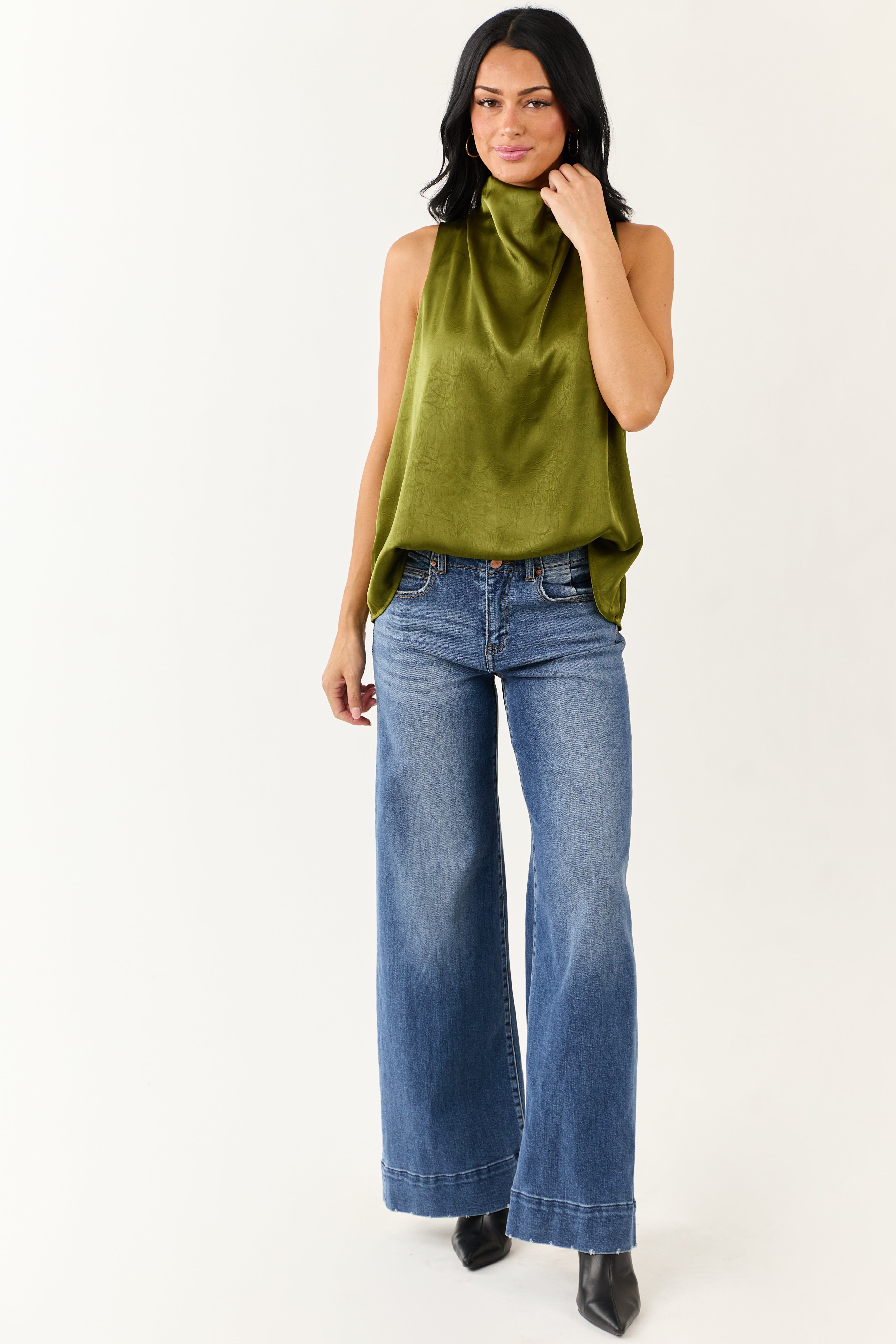 Entro Rich Olive Halter Neck Satin Tank Top