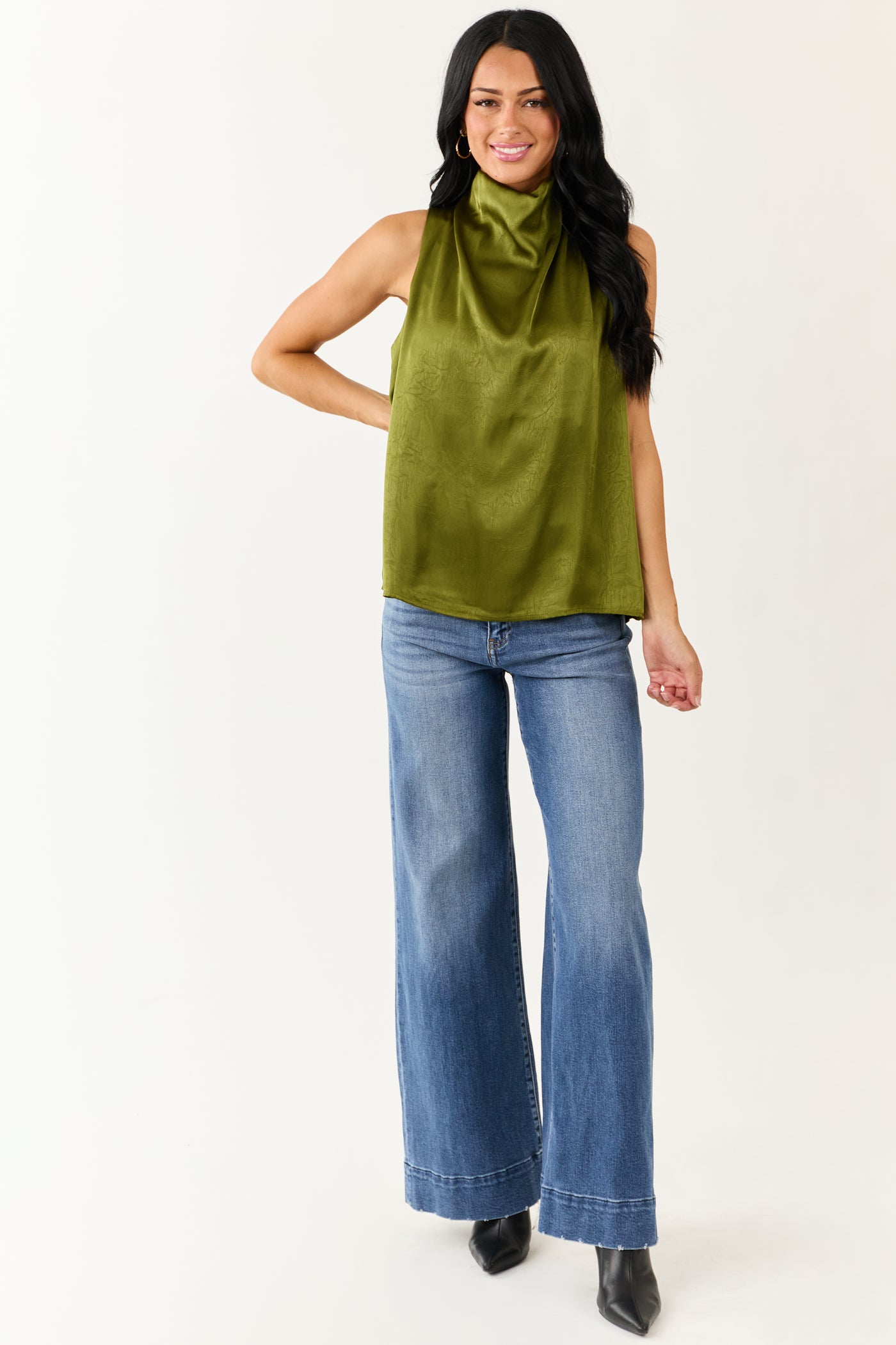 Entro Rich Olive Halter Neck Satin Tank Top
