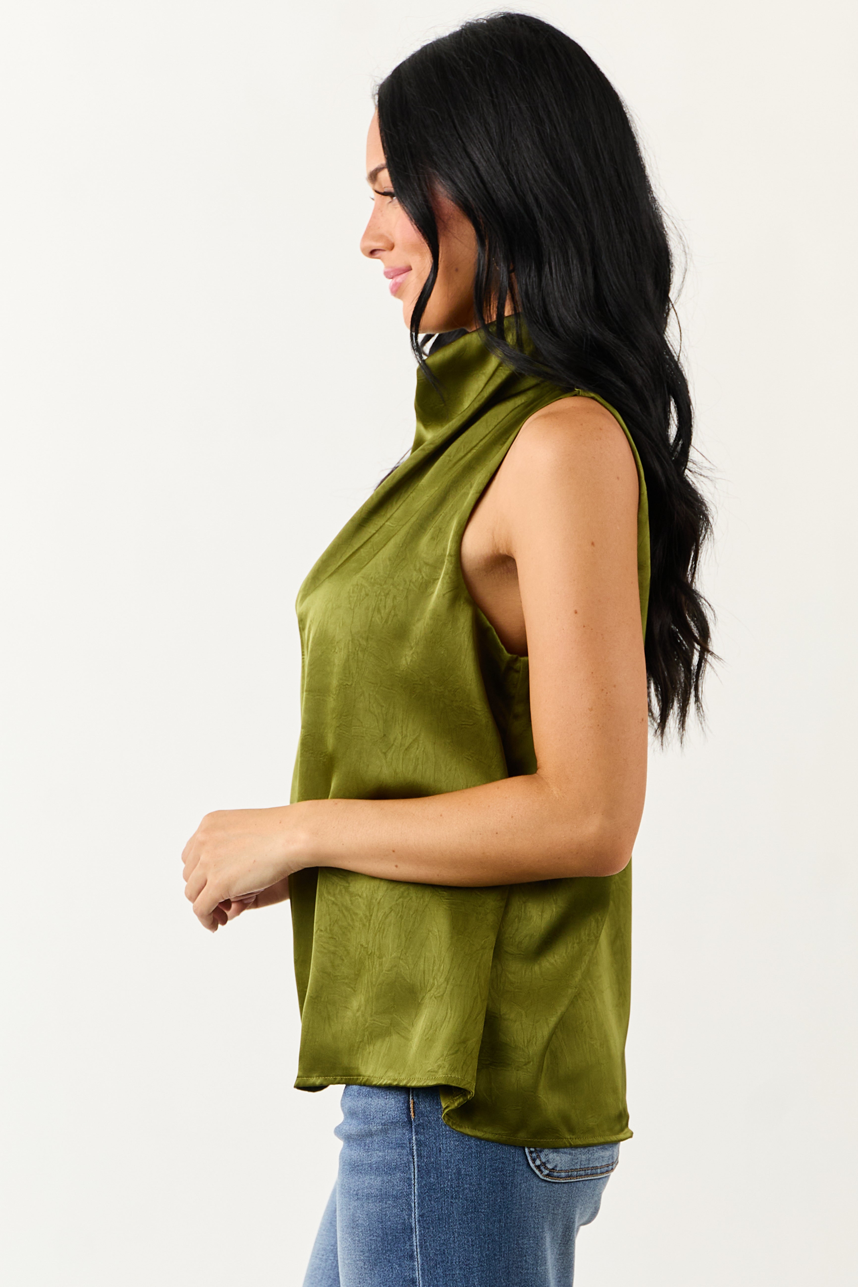Entro Rich Olive Halter Neck Satin Tank Top