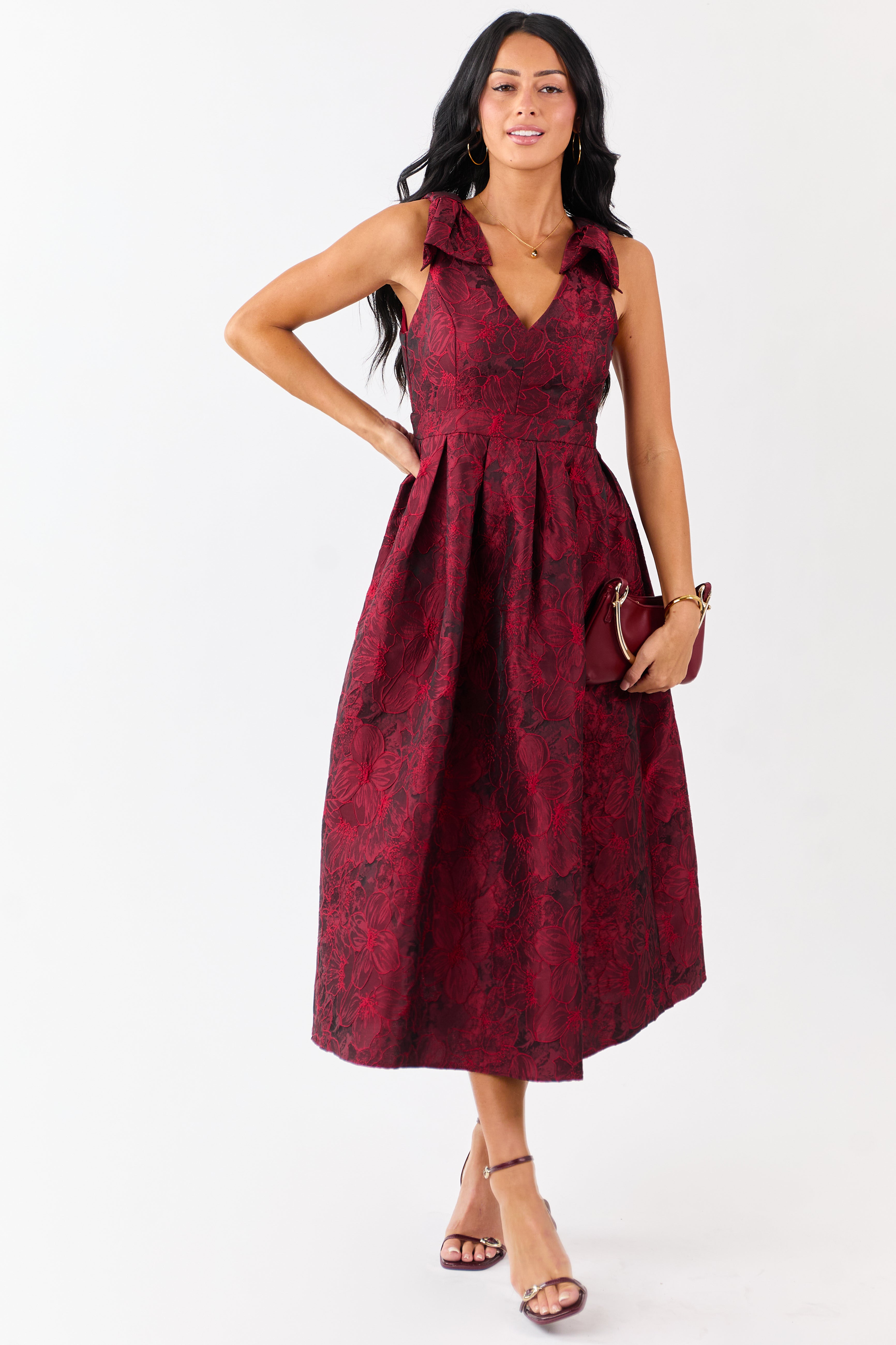 Entro Ruby Floral Jacquard Bow Strap Midi Dress | Lime Lush Boutique