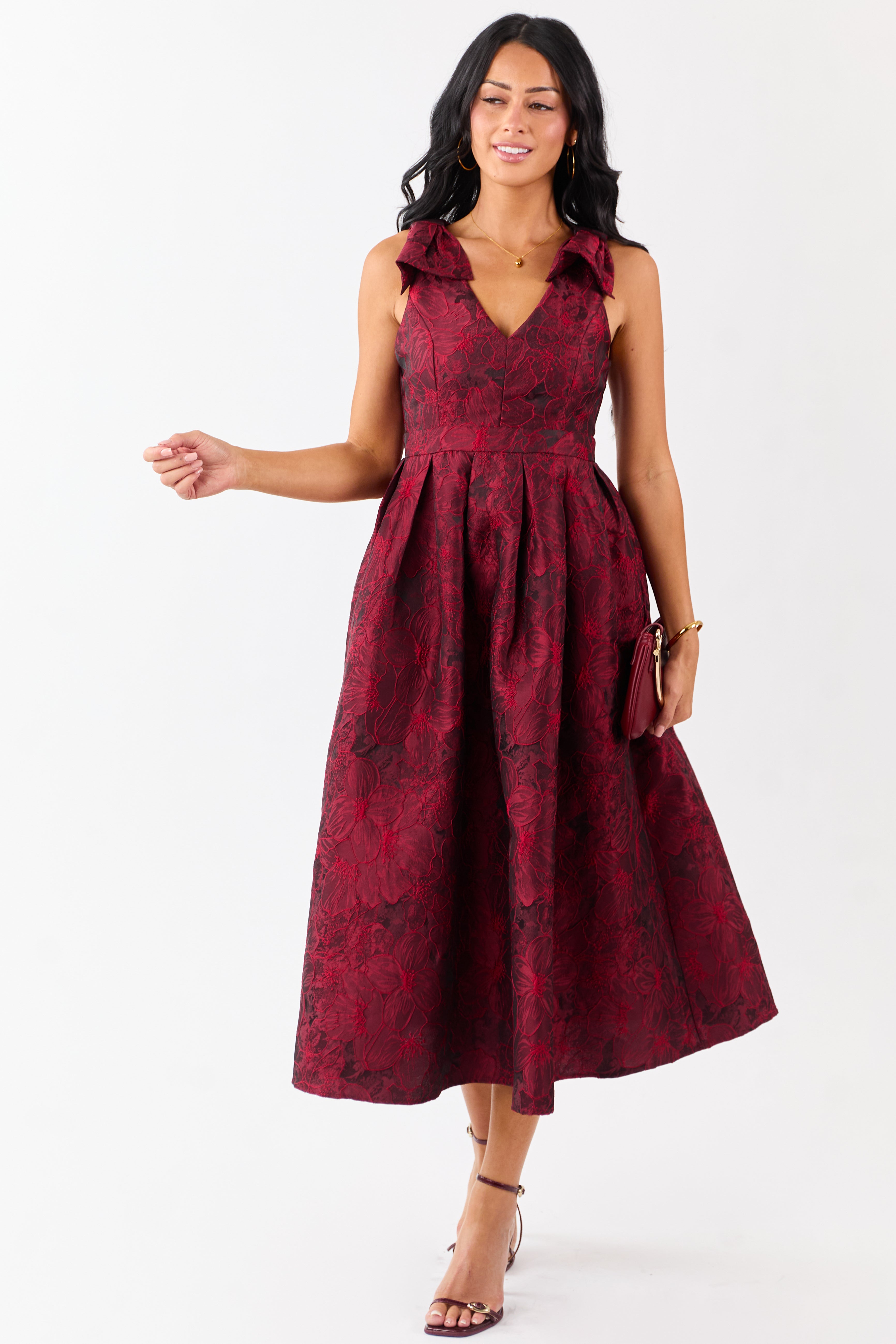 アメリ　Ameri VINTAGE BERRY JACQUARD DRESS M Entro Ruby Floral Jacquard Bow Strap Midi Dress | Lime Lush Boutique