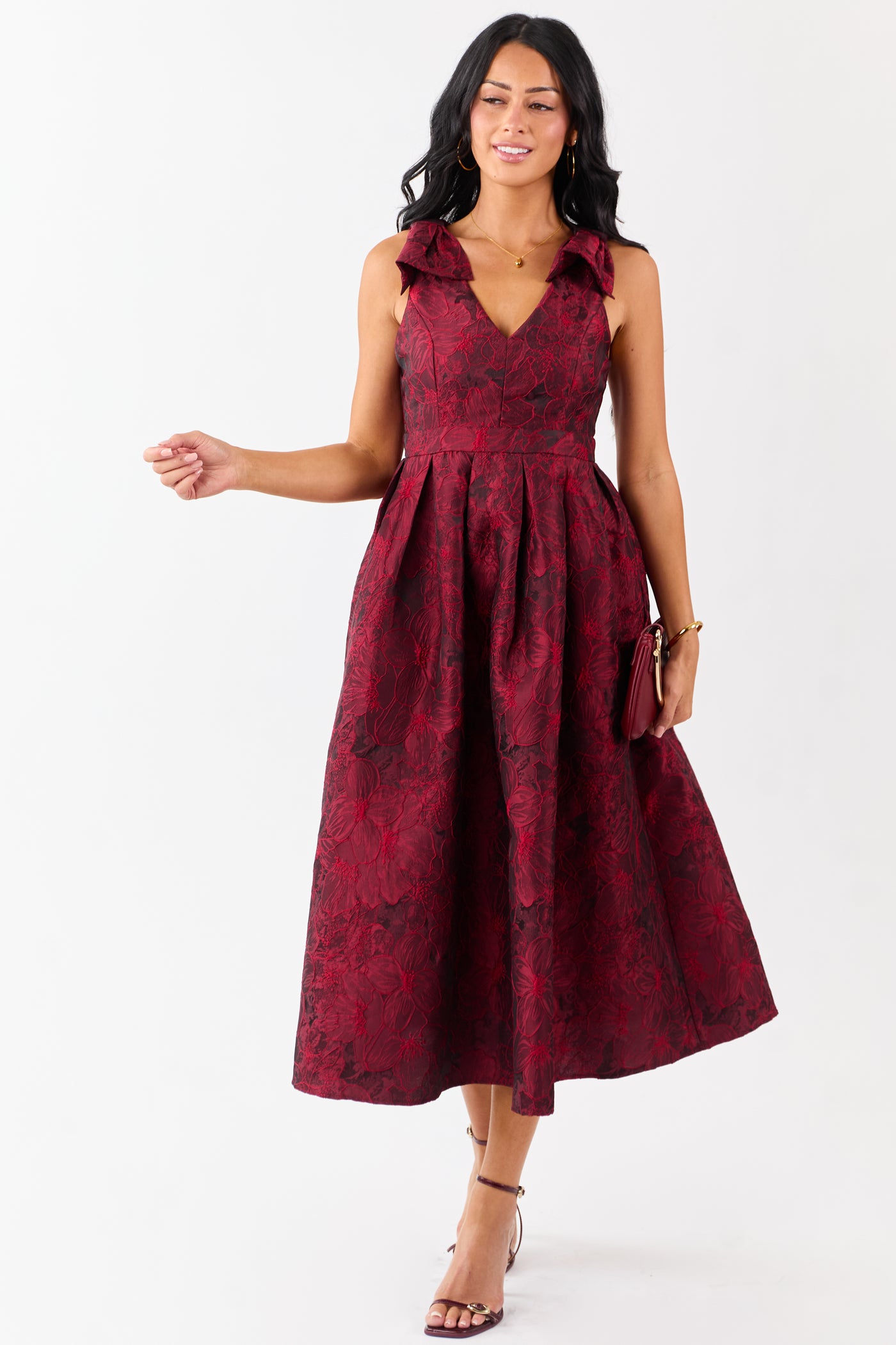 Entro Ruby Floral Jacquard Bow Strap Midi Dress