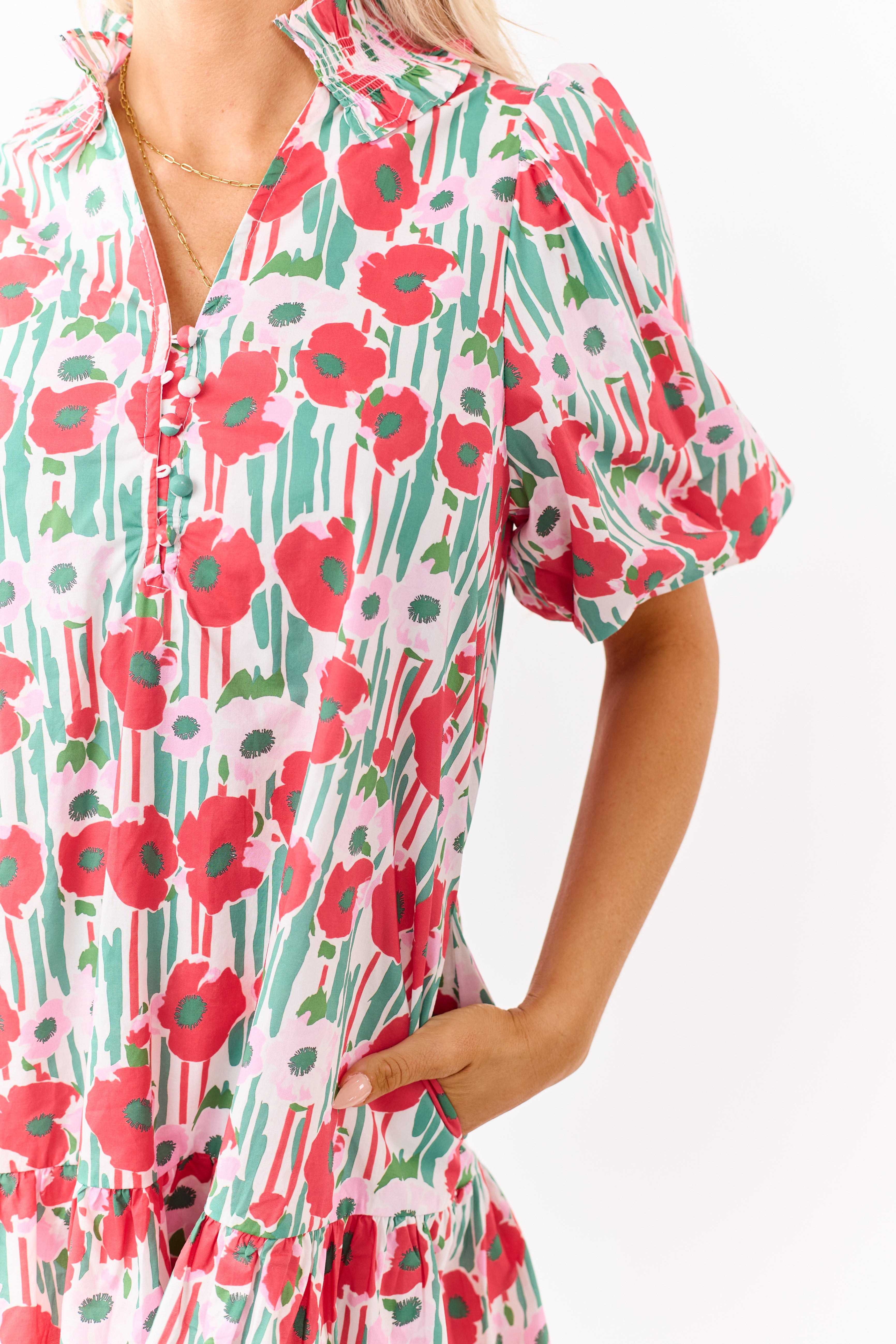 Entro Ruby Poppy Floral Cotton Puff Sleeve Mini Dress | Lime Lush