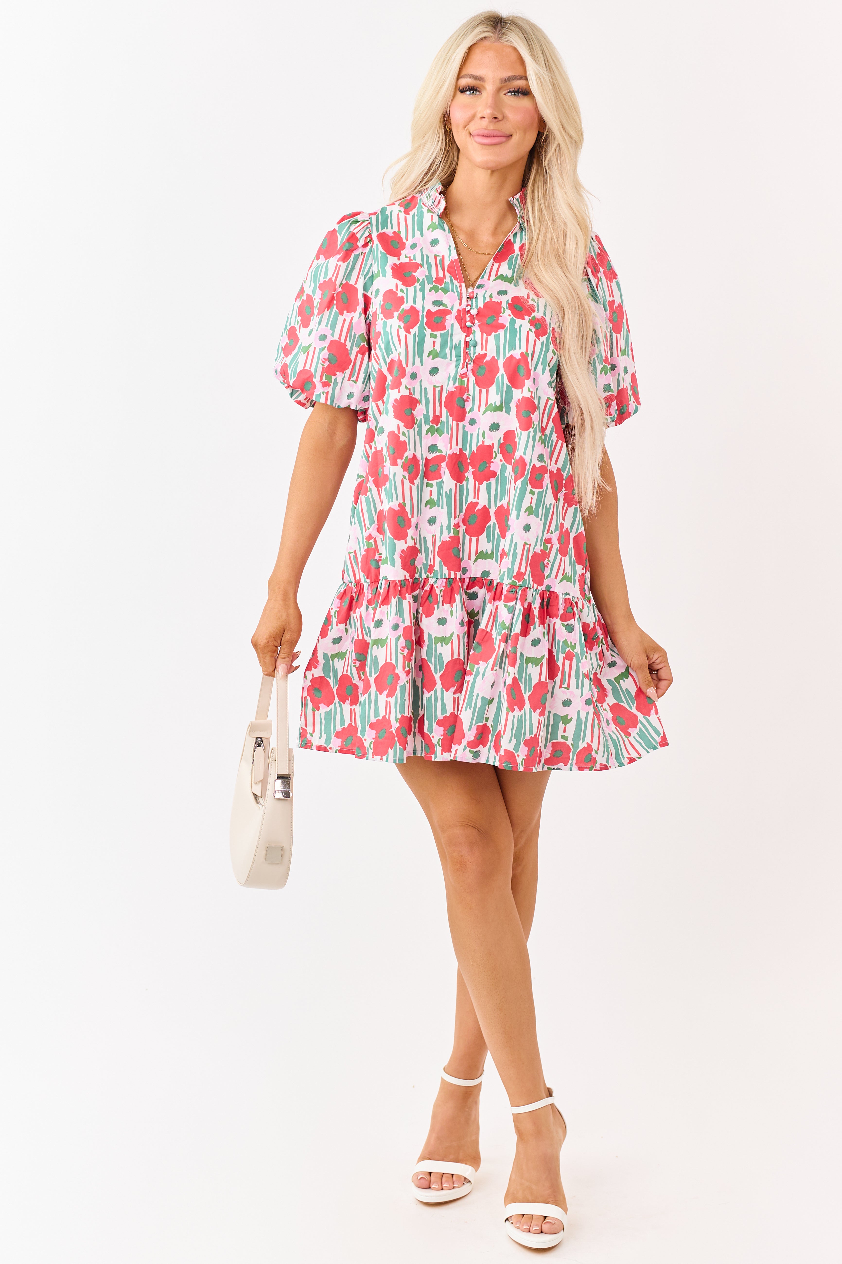 【POPPY】タグ付きorgandy flare mini dress Entro Ruby Poppy Floral Cotton Puff Sleeve Mini Dress | Lime Lush
