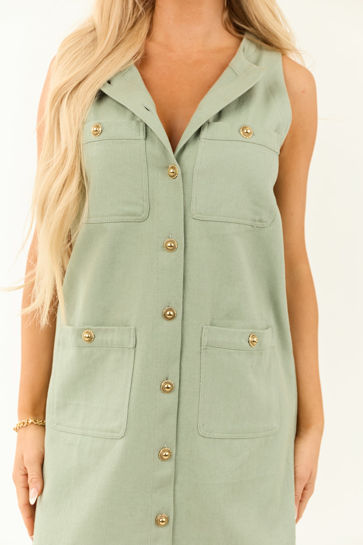 Entro Sage Button Up Denim Mini Dress