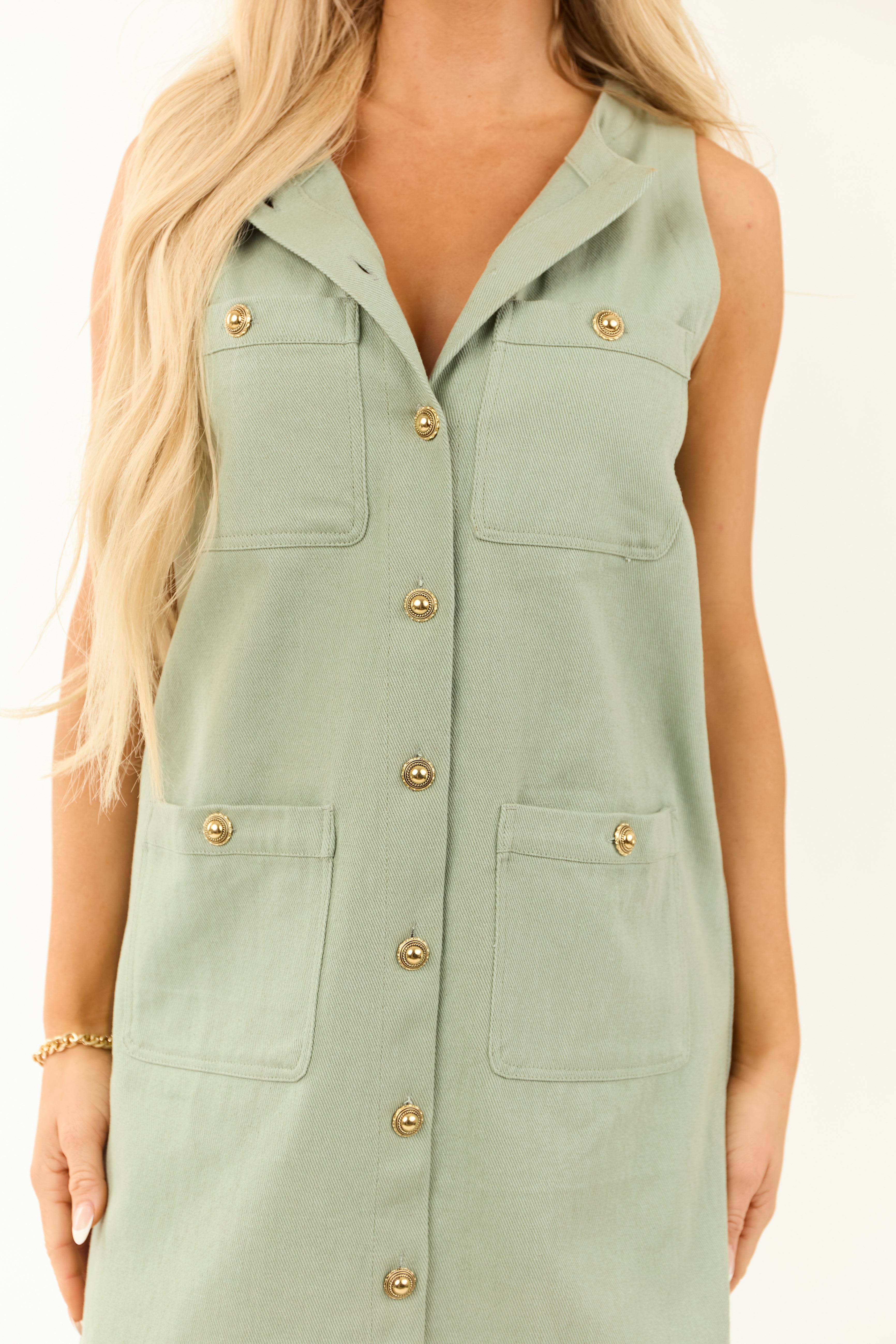 Entro Sage Button Up Denim Mini Dress