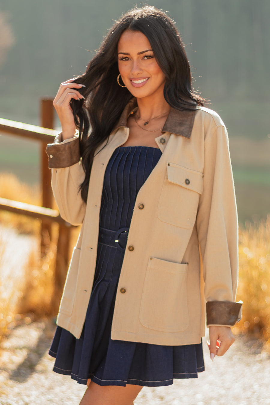 Entro Sand Denim Button Up Contrast Collar Jacket