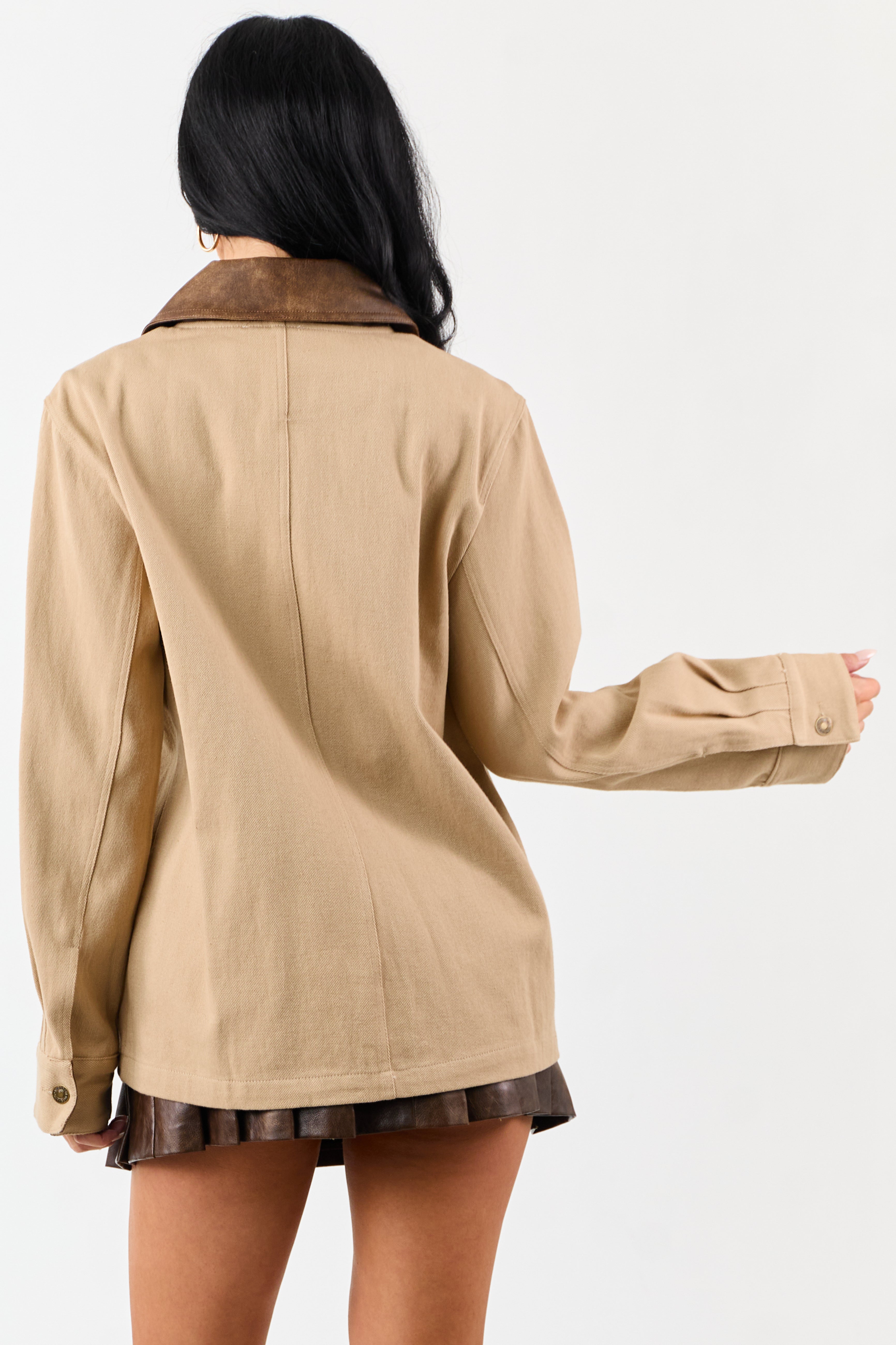 Entro Sand Denim Button Up Contrast Collar Jacket