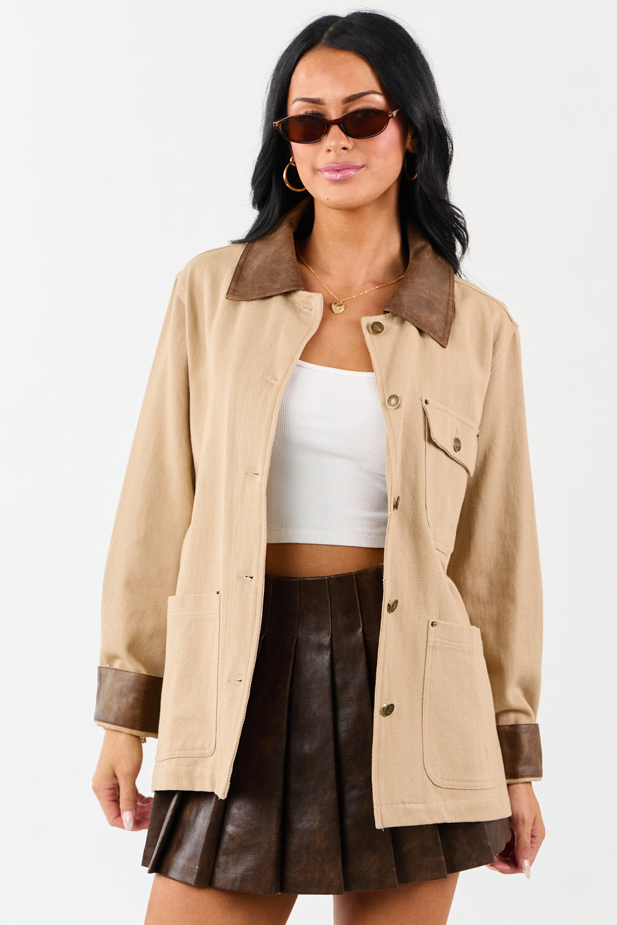 Entro Sand Denim Button Up Contrast Collar Jacket