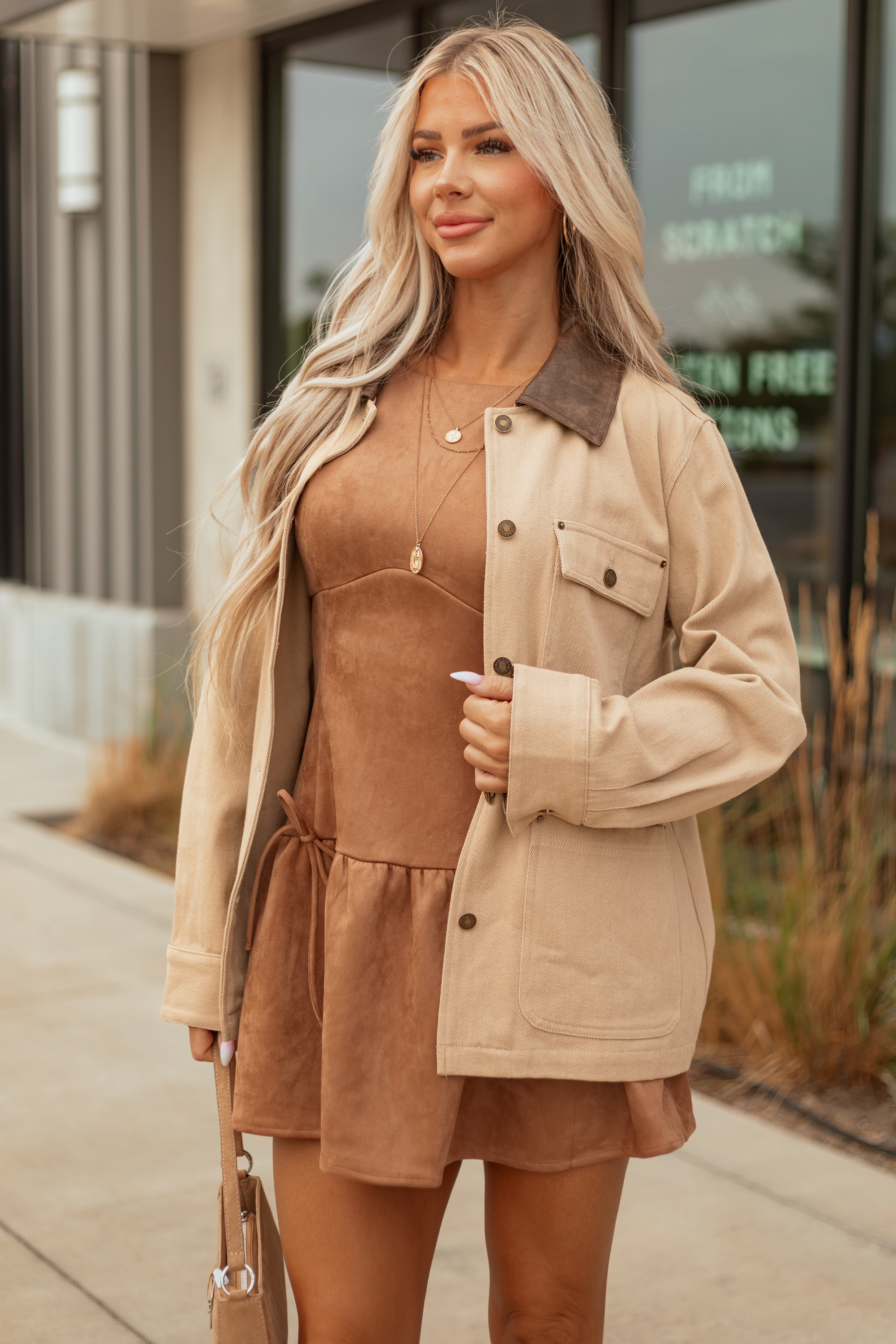 Entro Sand Denim Button Up Contrast Collar Jacket