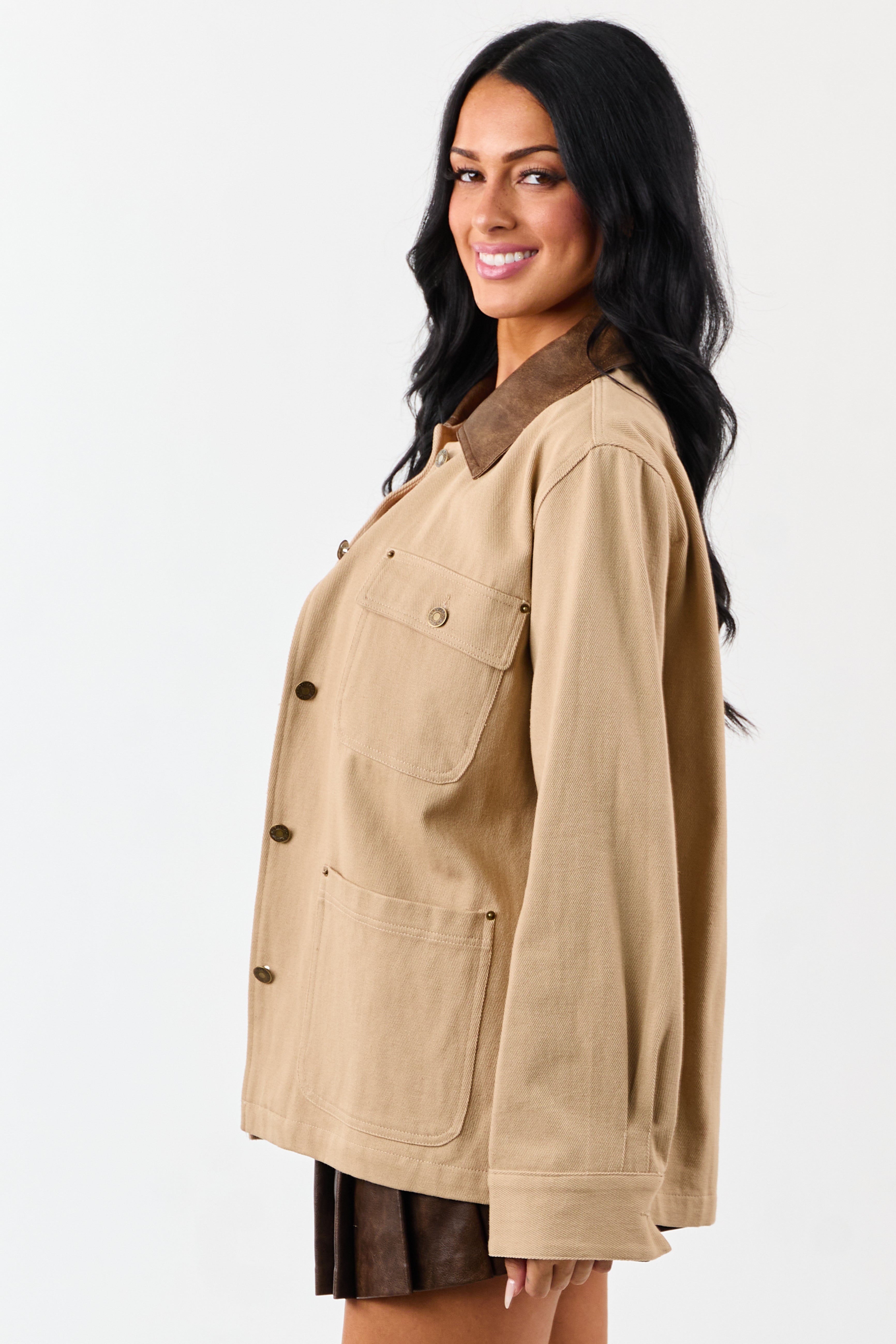 Entro Sand Denim Button Up Contrast Collar Jacket