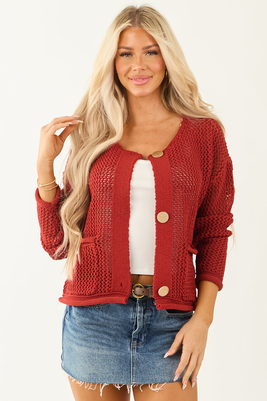 Entro Sangria Open Knit Button Down Cardigan