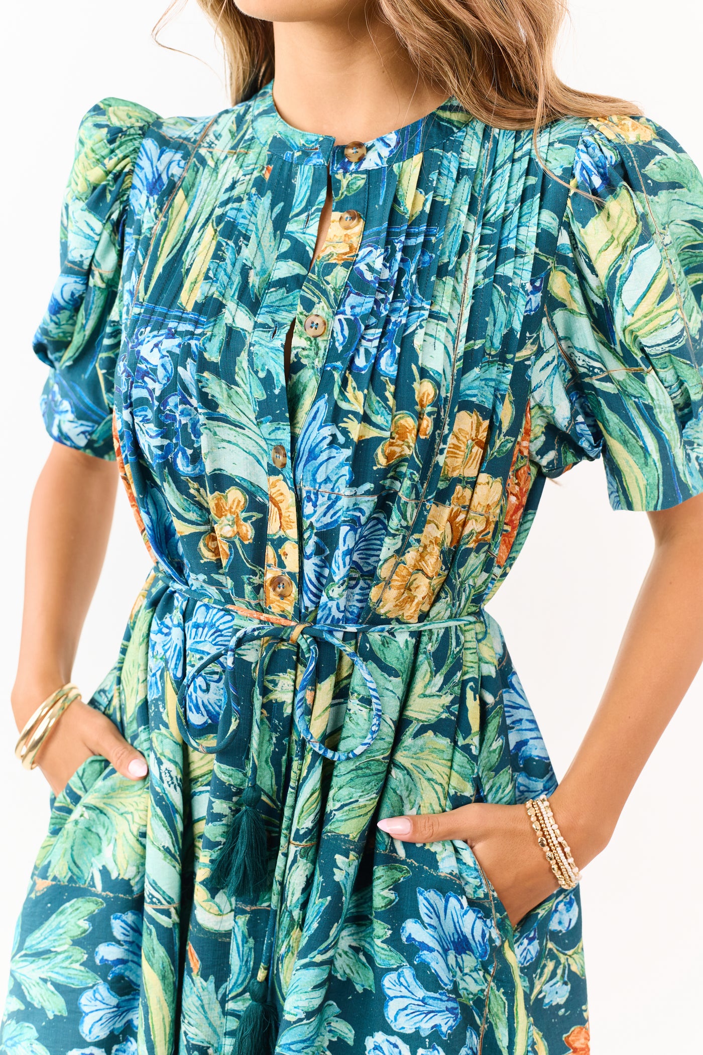 Entro Sea Blue Floral Print Pintuck Mini Dress