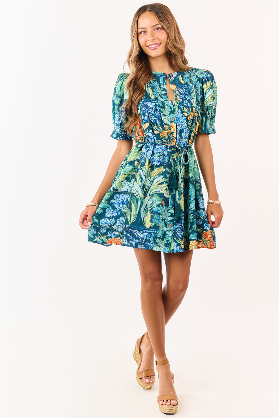 Entro Sea Blue Floral Print Pintuck Mini Dress