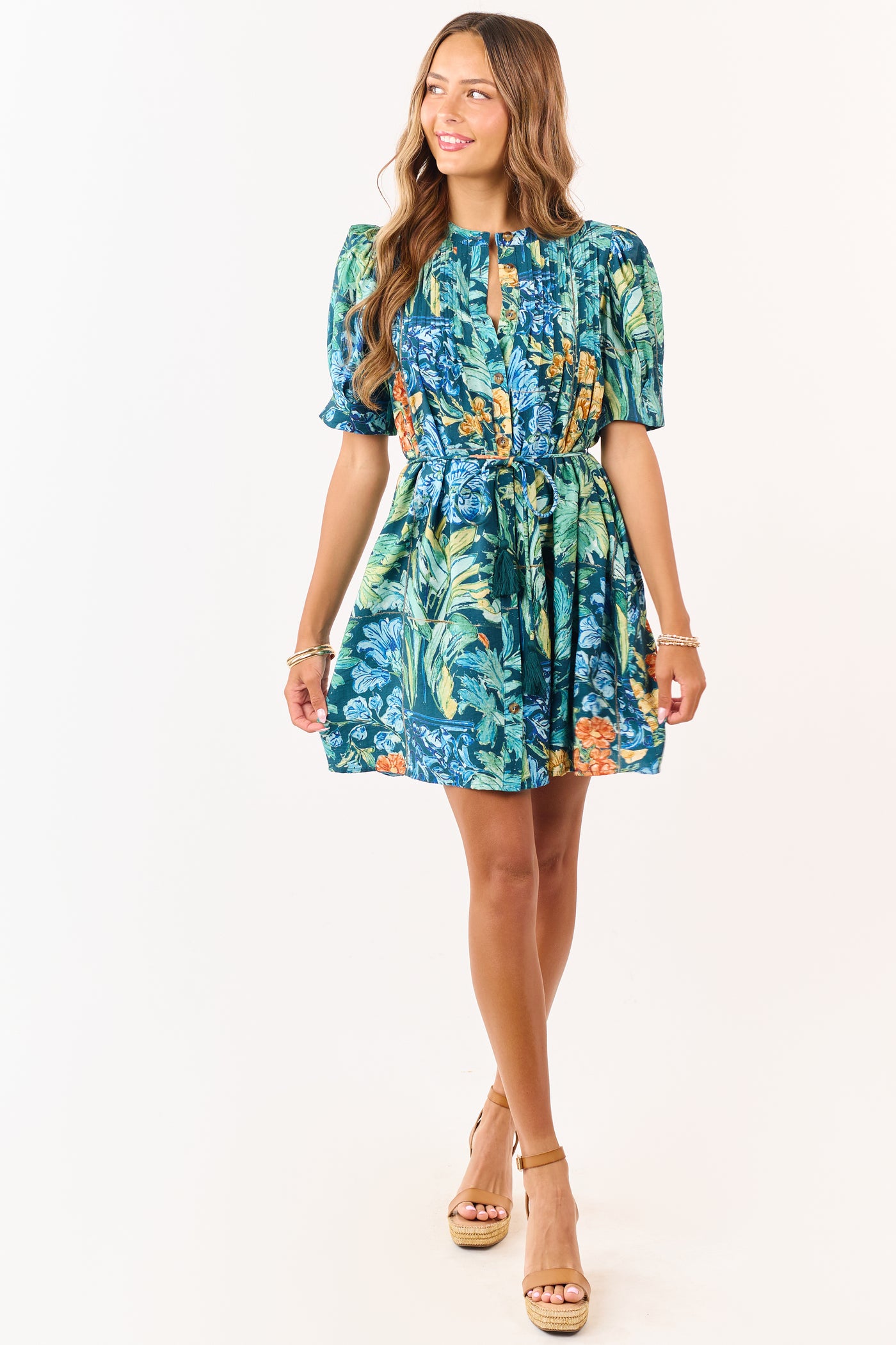 Entro Sea Blue Floral Print Pintuck Mini Dress