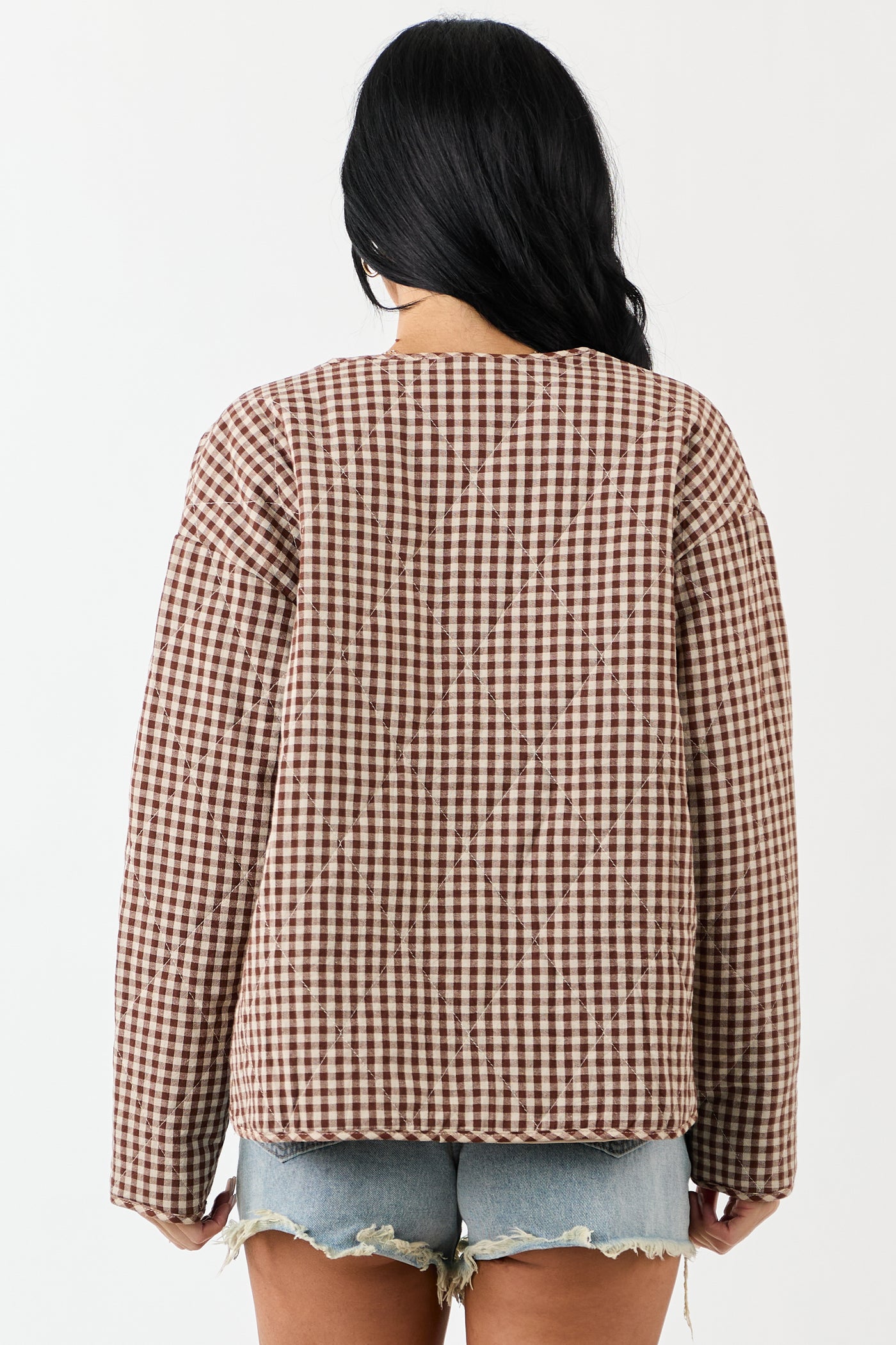Entro Sepia Gingham Snap Button Down Cotton Jacket