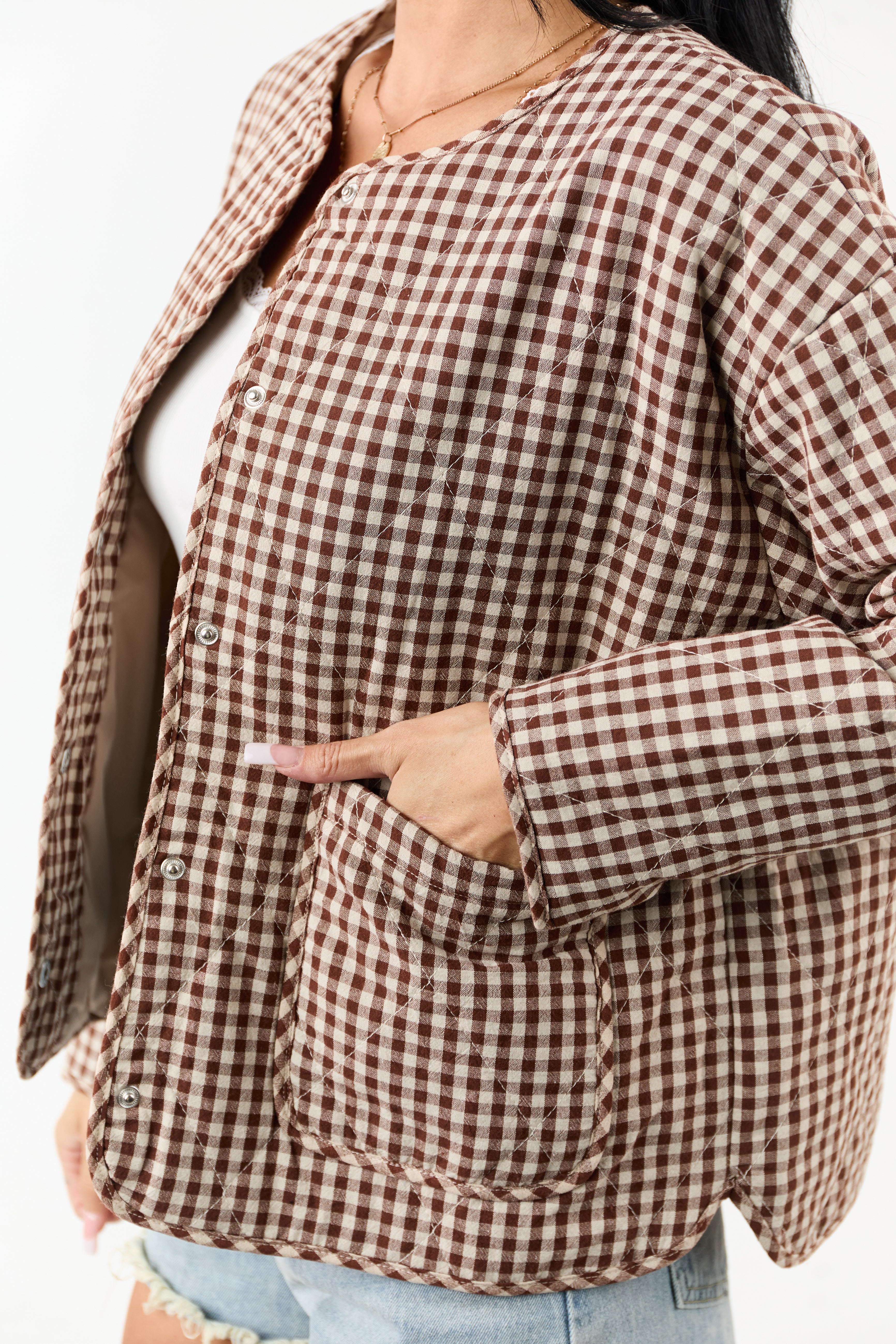 Entro Sepia Gingham Snap Button Down Cotton Jacket