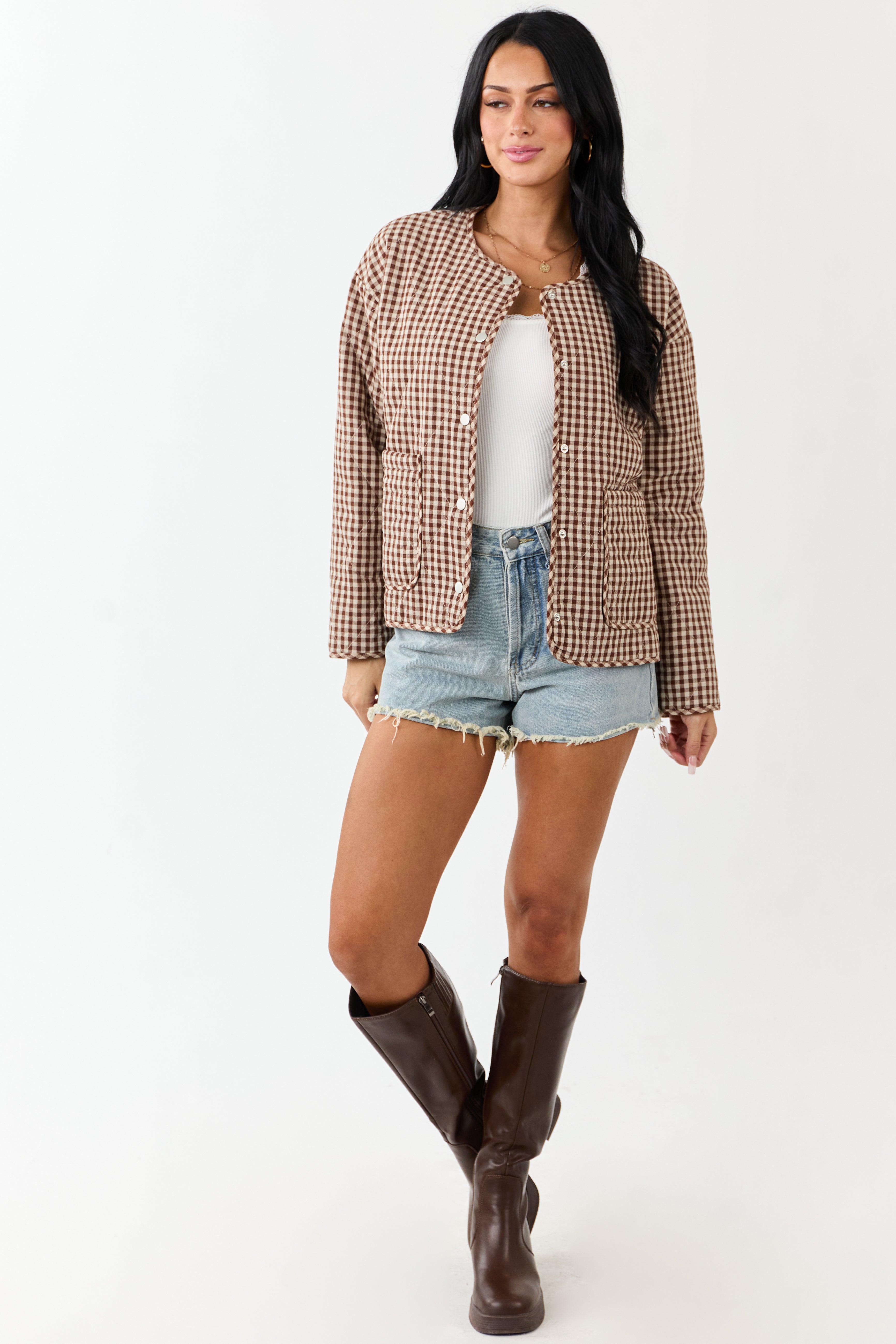 Entro Sepia Gingham Snap Button Down Cotton Jacket