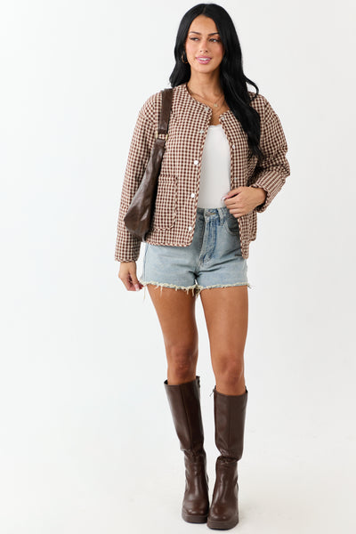 Entro Sepia Gingham Snap Button Down Cotton Jacket