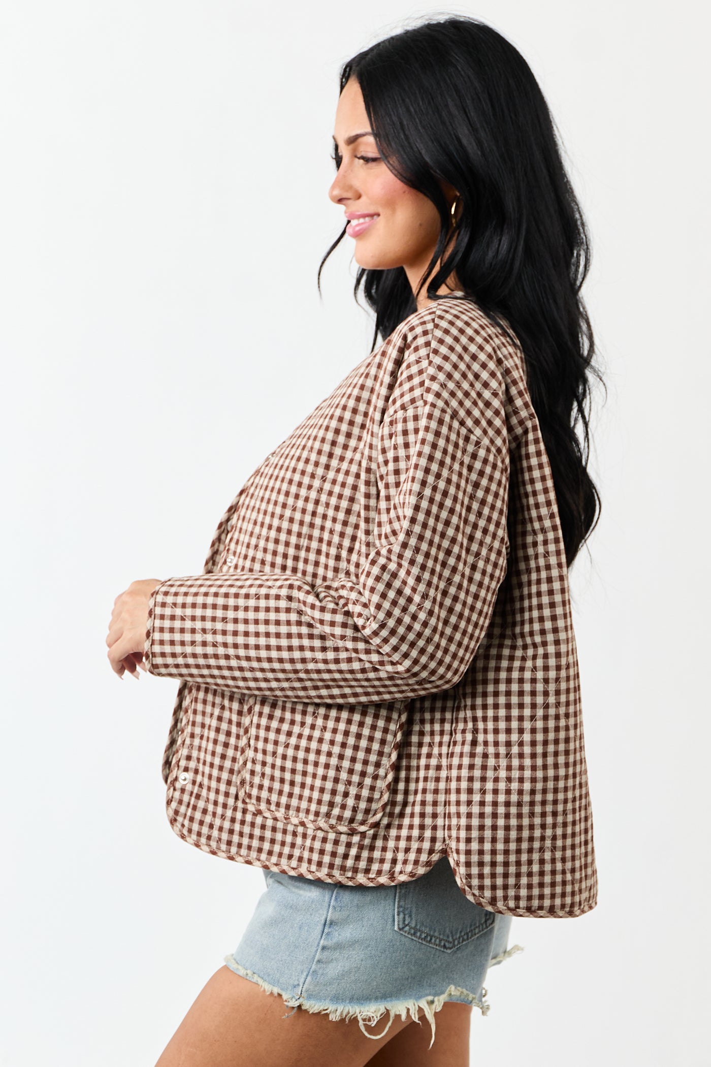 Entro Sepia Gingham Snap Button Down Cotton Jacket