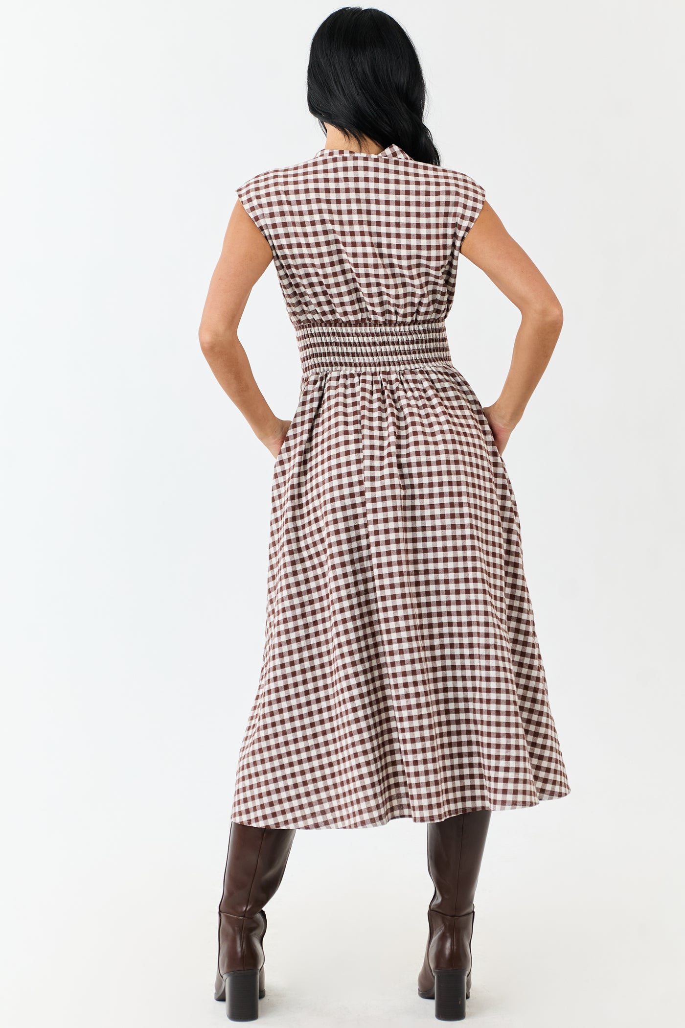 Entro Sepia Gingham Zip Up Cotton Midi Dress