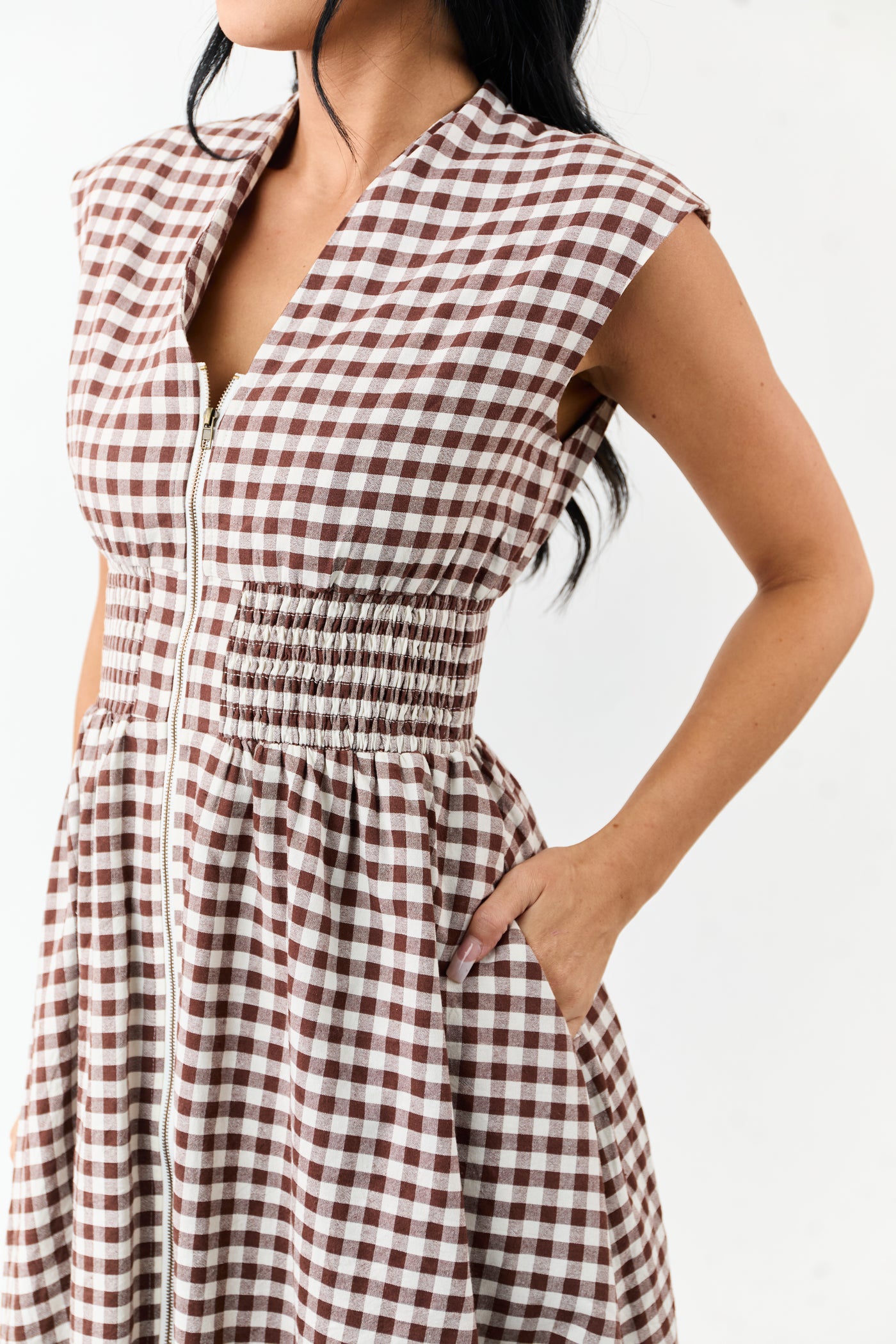 Entro Sepia Gingham Zip Up Cotton Midi Dress