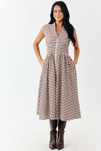 Entro Sepia Gingham Zip Up Cotton Midi Dress
