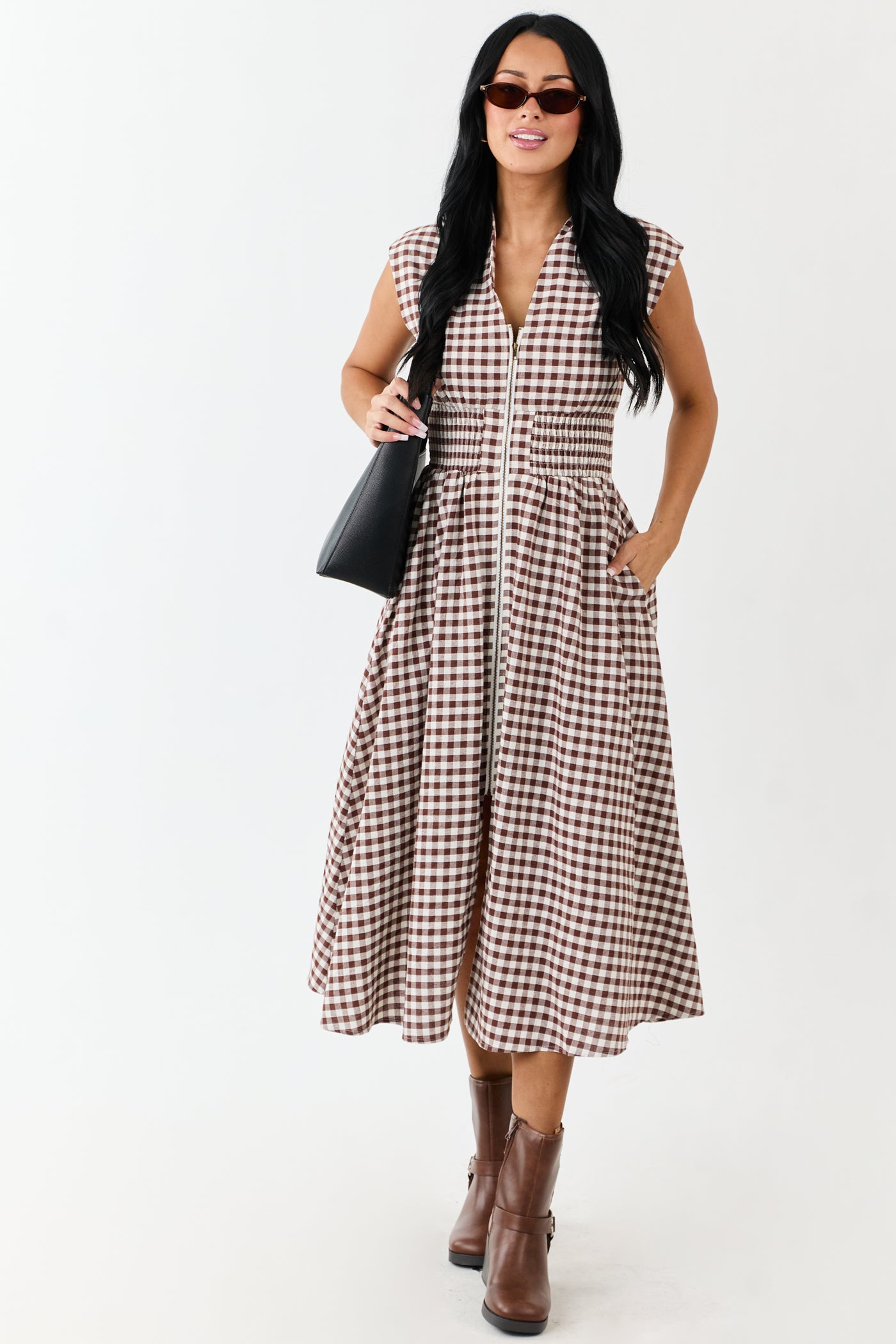 Entro Sepia Gingham Zip Up Cotton Midi Dress
