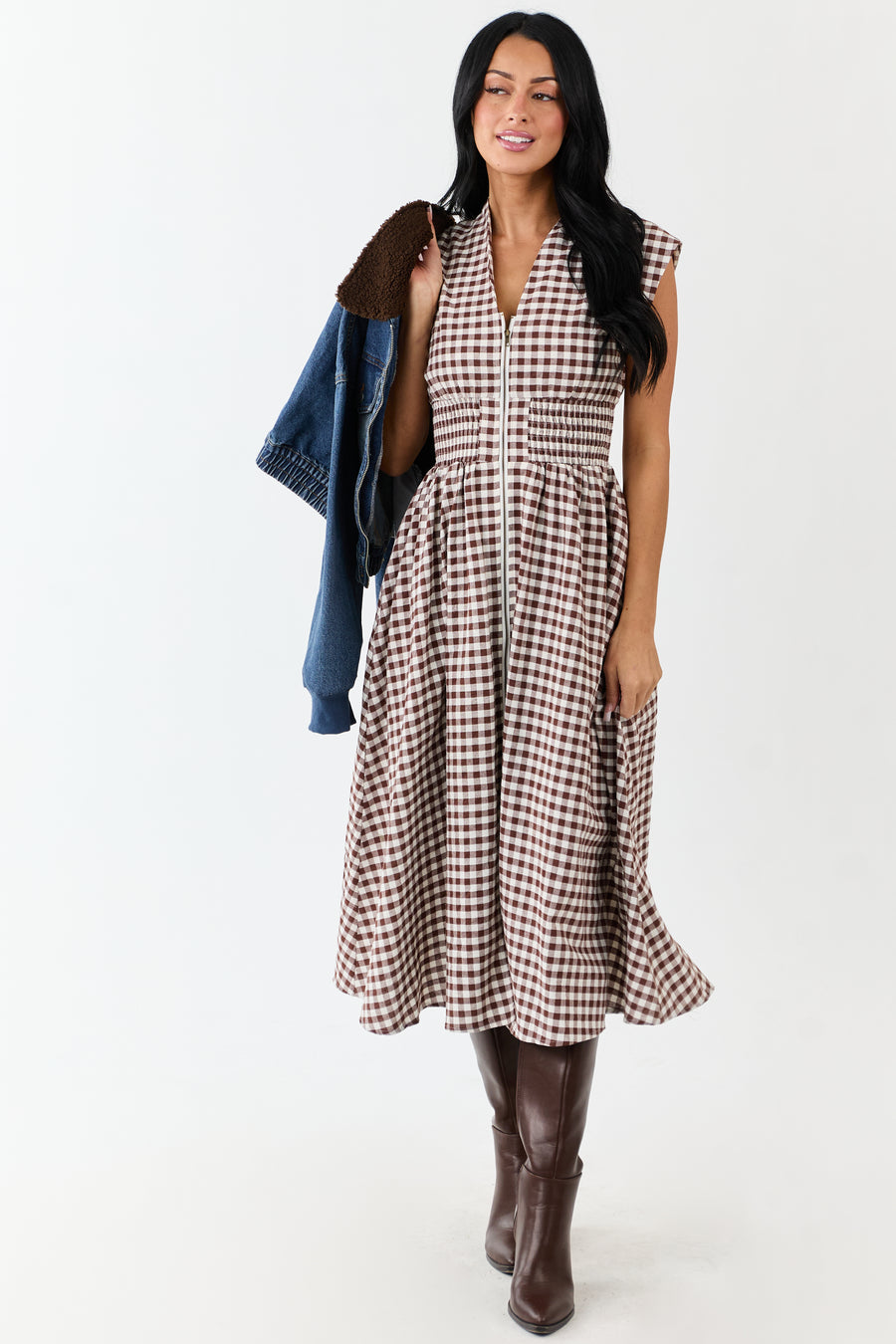 Entro Sepia Gingham Zip Up Cotton Midi Dress