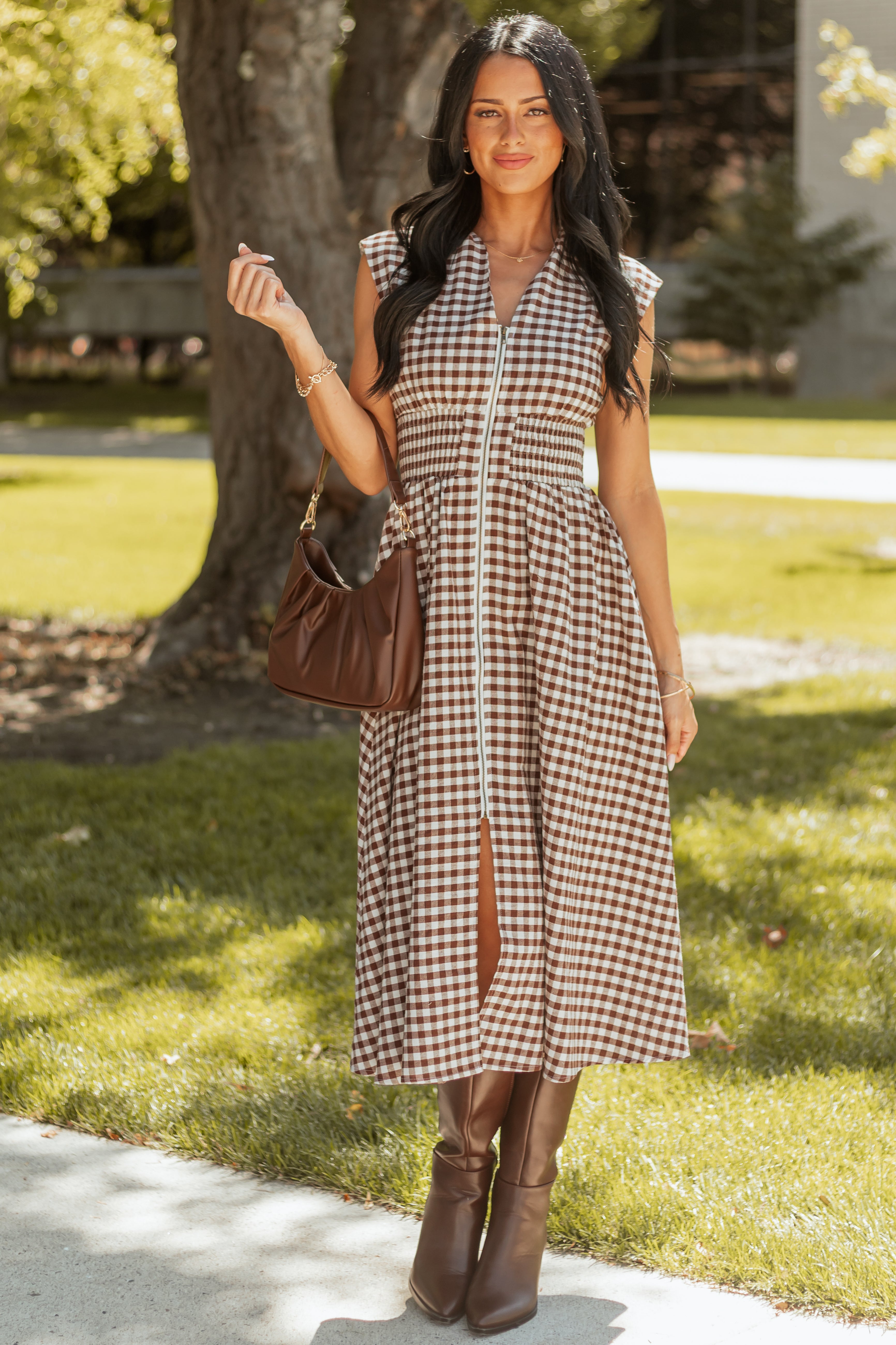 Entro Sepia Gingham Zip Up Cotton Midi Dress