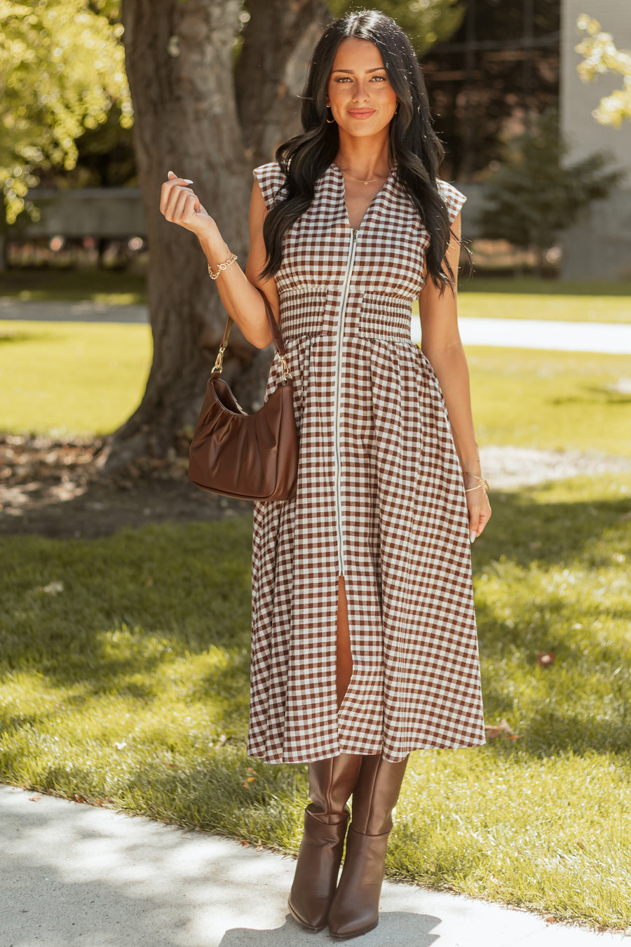 Entro Sepia Gingham Zip Up Cotton Midi Dress