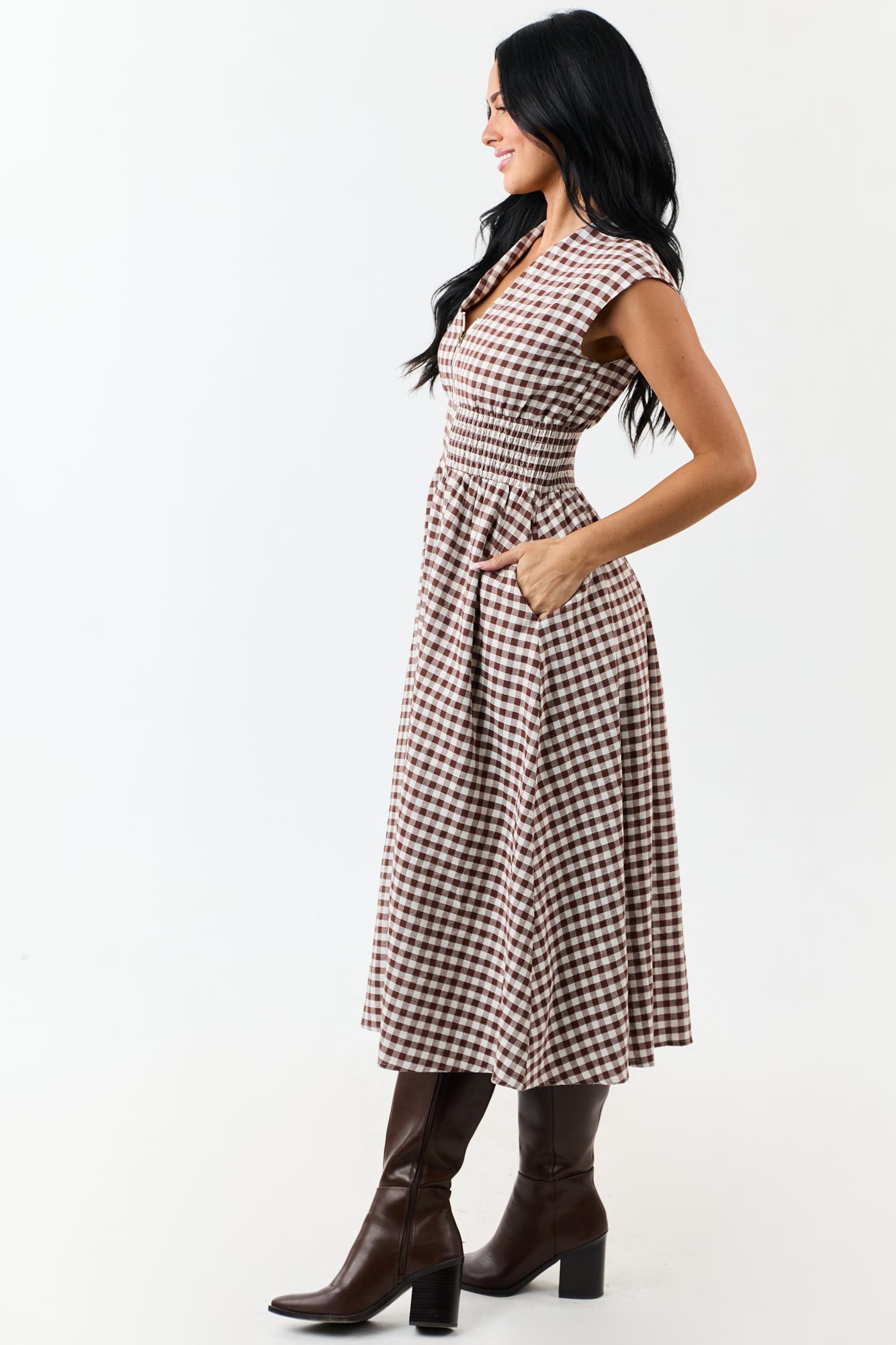 Entro Sepia Gingham Zip Up Cotton Midi Dress