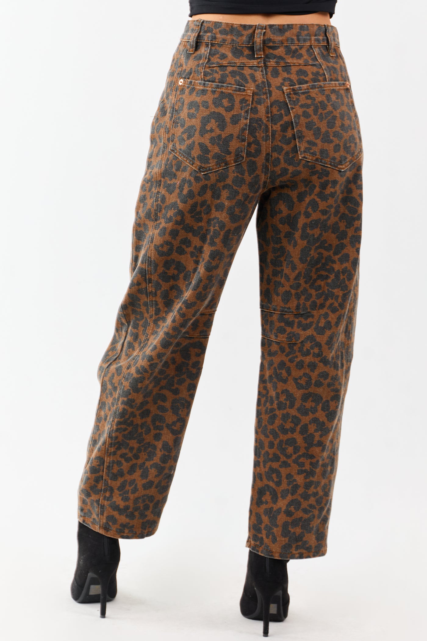 Entro Sepia Leopard Print High Rise Barrel Jeans