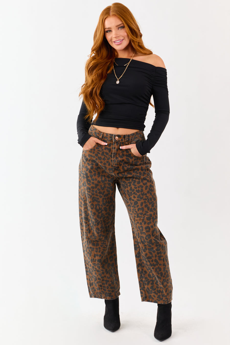Entro Sepia Leopard Print High Rise Barrel Jeans