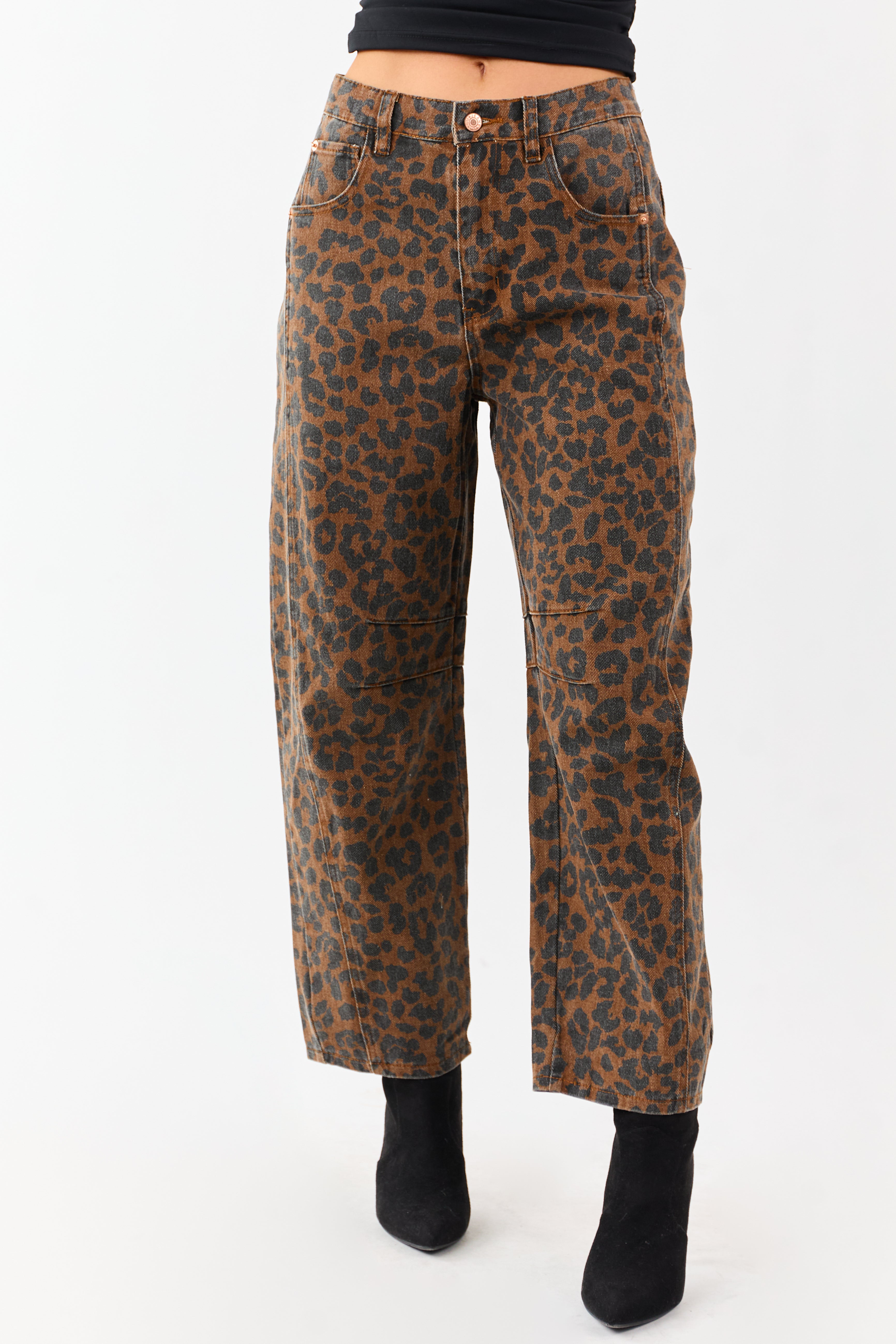 Entro Sepia Leopard Print High Rise Barrel Jeans | Lime Lush Boutique