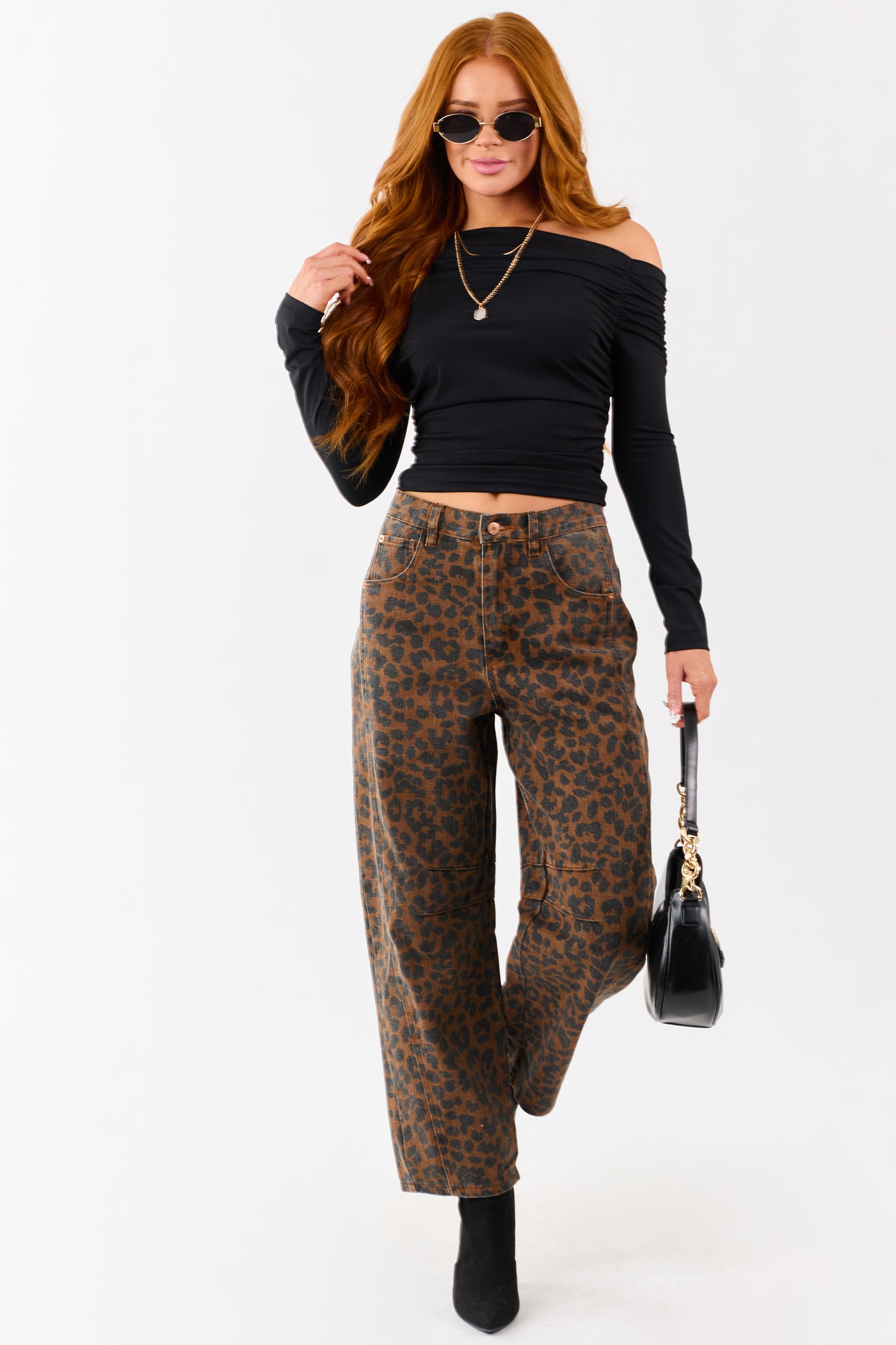 Entro Sepia Leopard Print High Rise Barrel Jeans