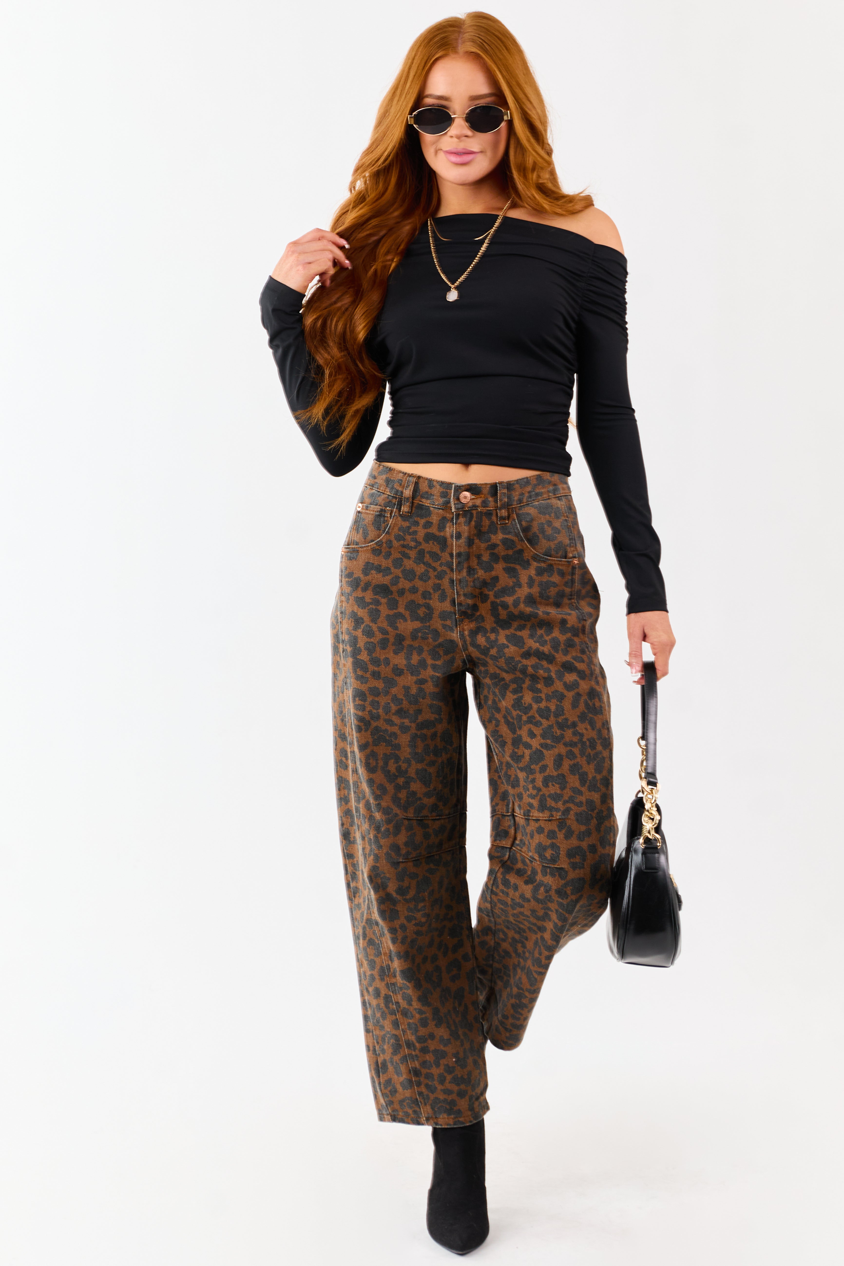 Entro Sepia Leopard Print High Rise Barrel Jeans
