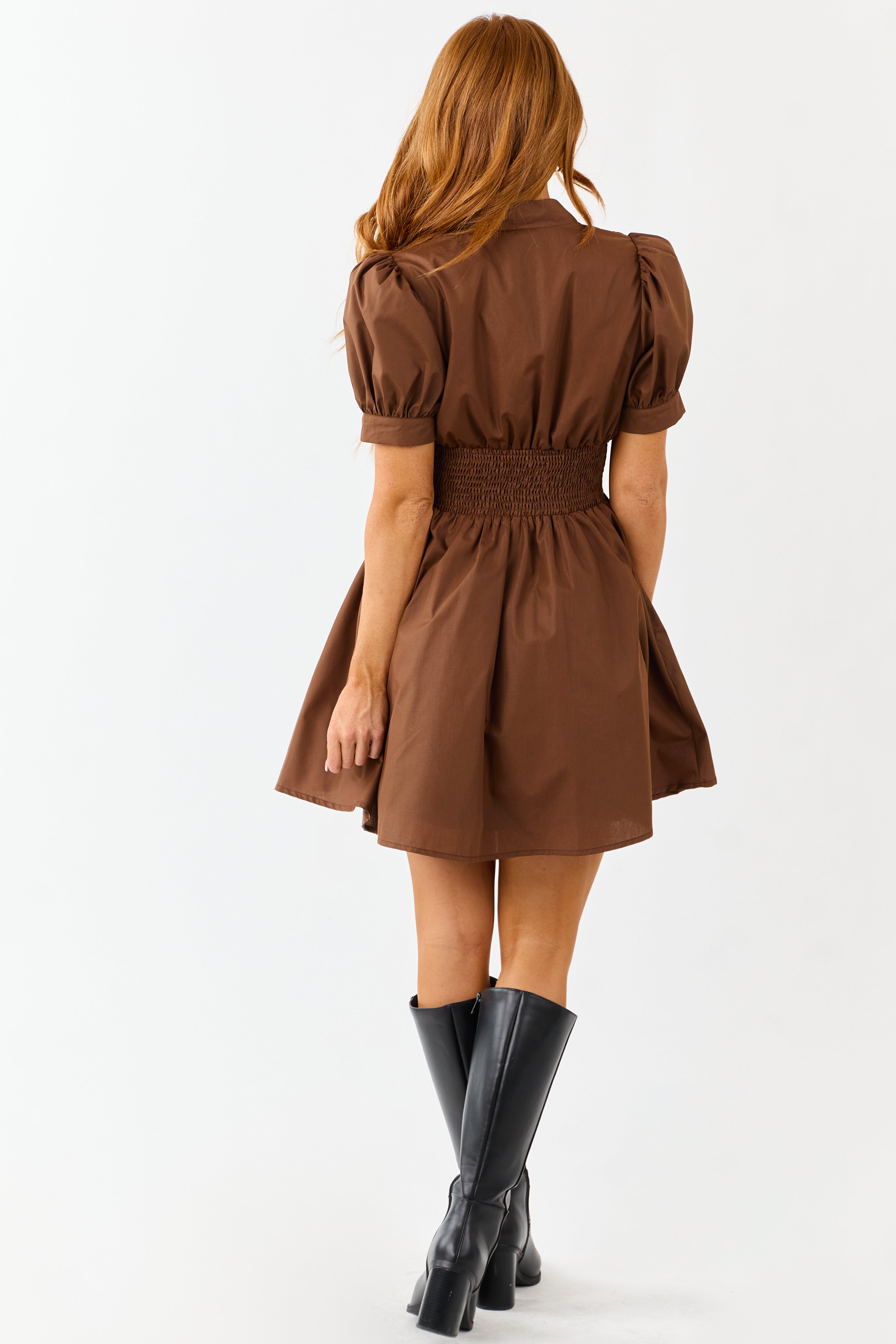 Entro Sepia Puff Sleeve Zip Up Smocked Mini Dress