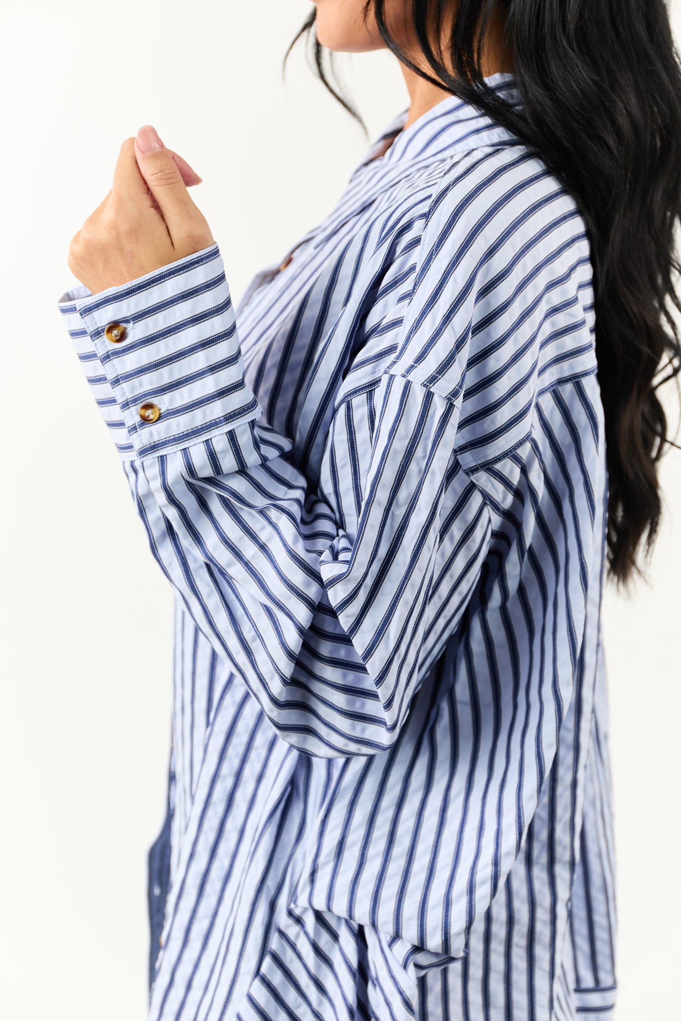 Entro Sky Blue Striped Long Sleeve Button Up Top