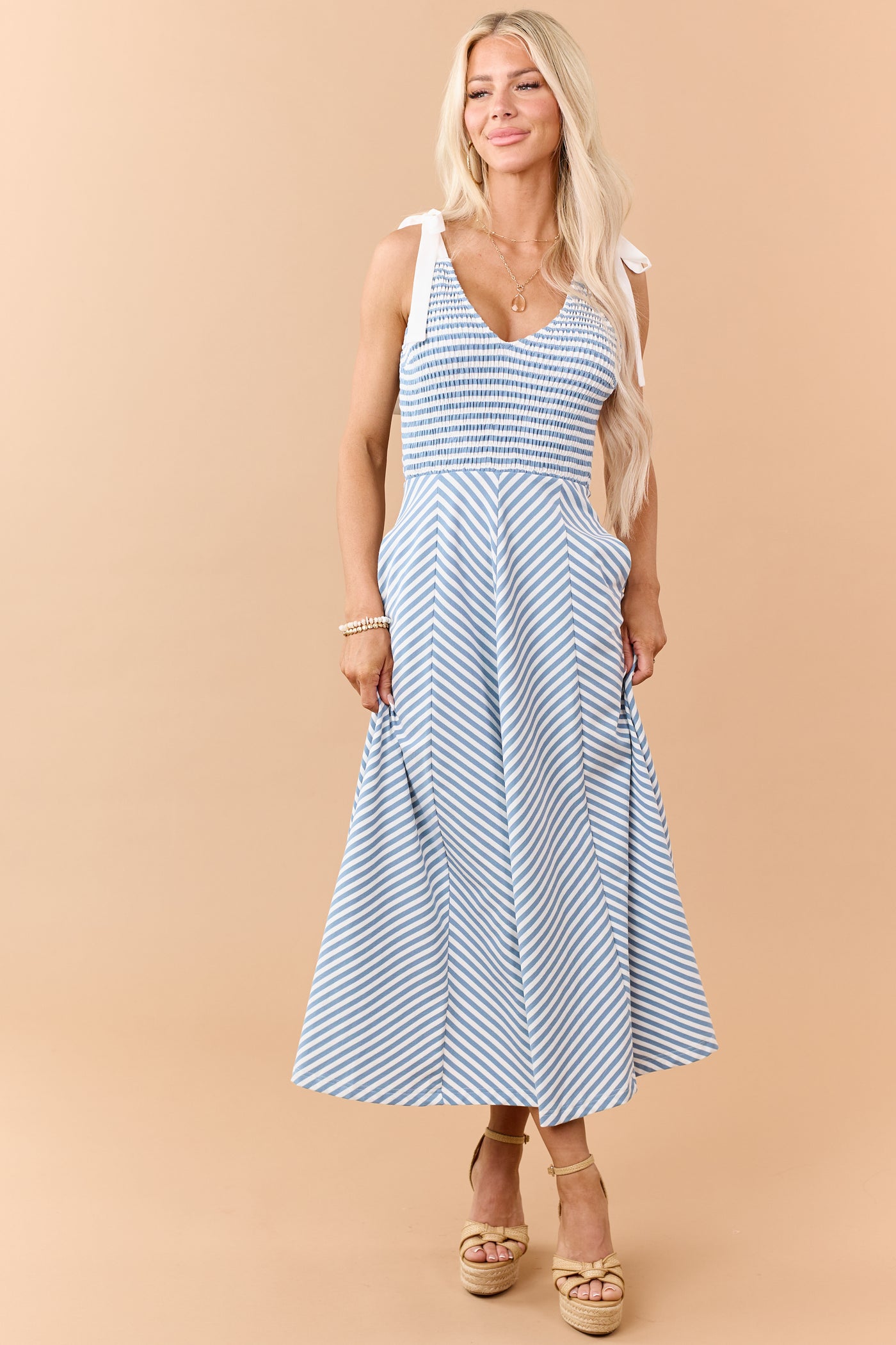 Entro Steel Blue Striped Tie Strap Knit Midi Dress | Lime Lush Boutique Entro Steel Blue Striped Tie Strap Knit Midi Dress | Lime Lush Boutique