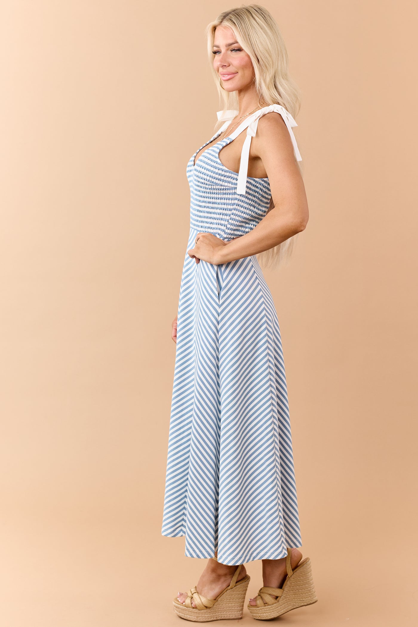 Entro Steel Blue Striped Tie Strap Knit Midi Dress | Lime Lush Boutique Entro Steel Blue Striped Tie Strap Knit Midi Dress | Lime Lush Boutique