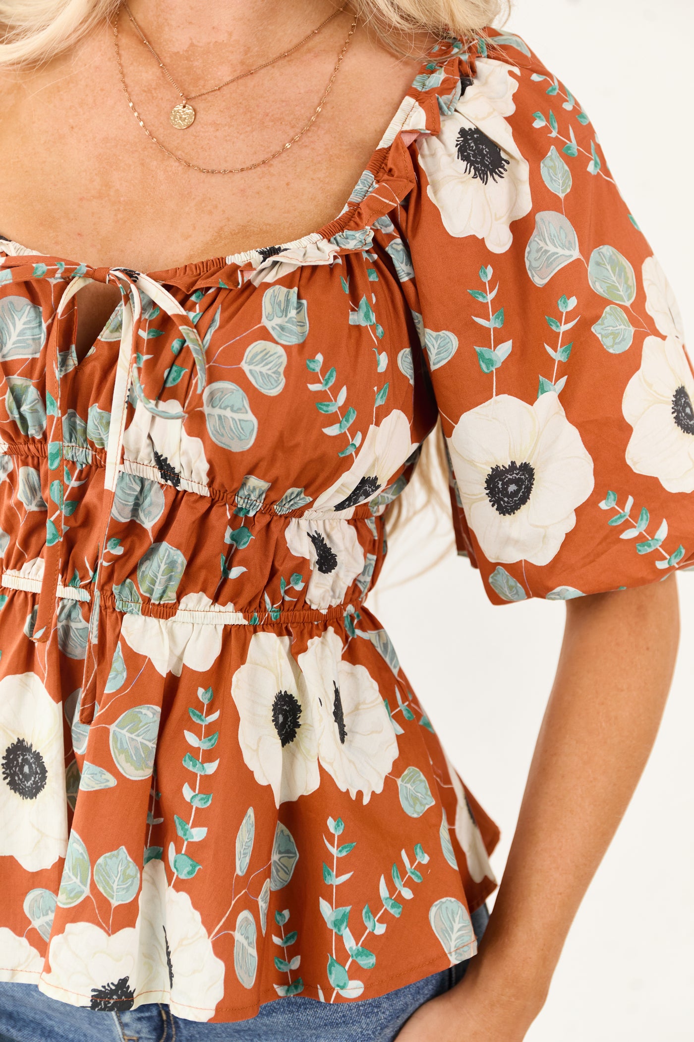 Entro Tawny Floral Smocked Waist Cotton Top