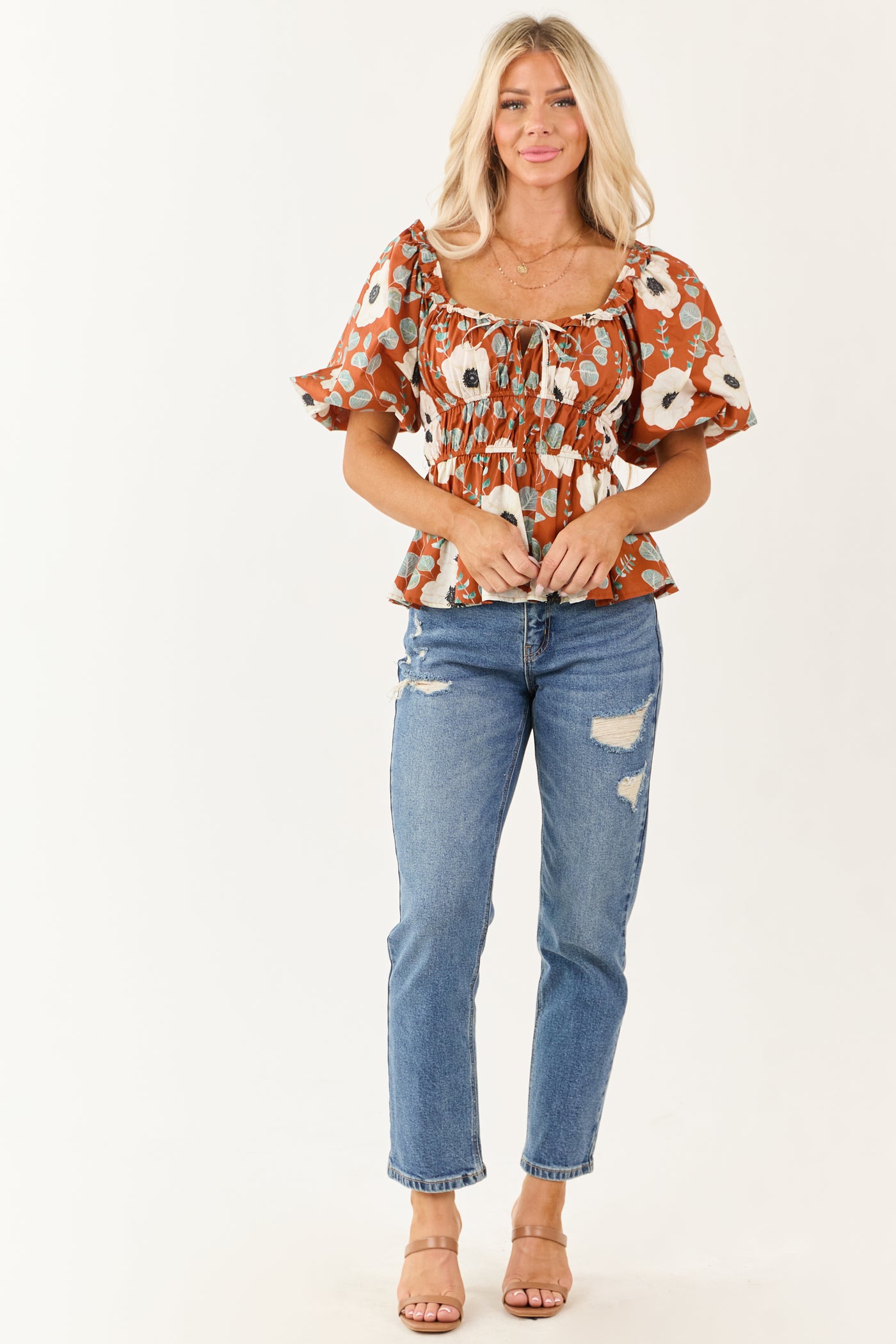 Entro Tawny Floral Smocked Waist Cotton Top