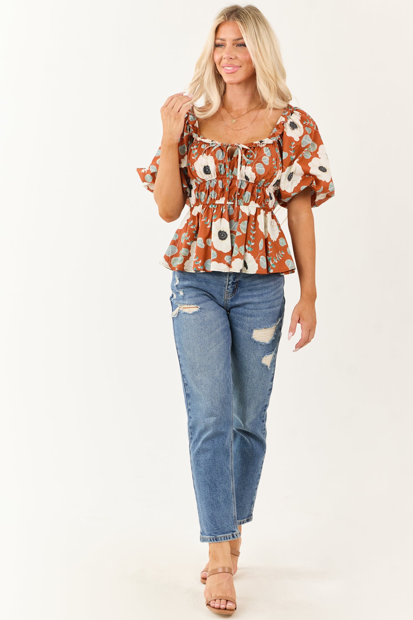 Entro Tawny Floral Smocked Waist Cotton Top