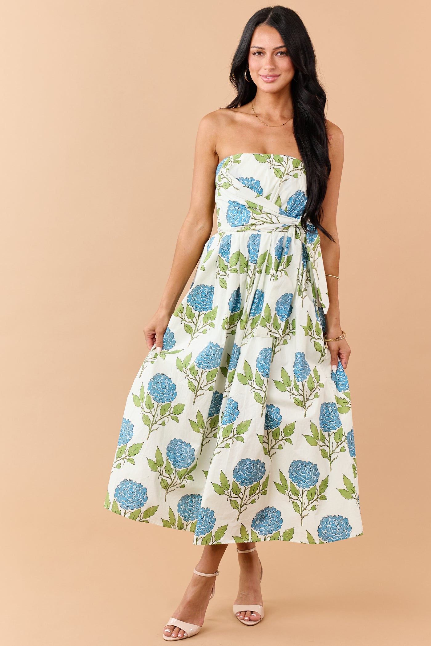entro green floral dress Entro Green Midi Dress with Pink Florals-Simply Dixie Boutique Large