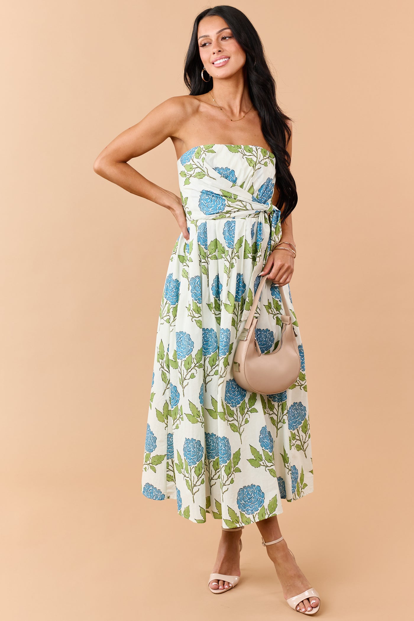 Entro Vanilla Floral Print Cotton Strapless Midi Dress